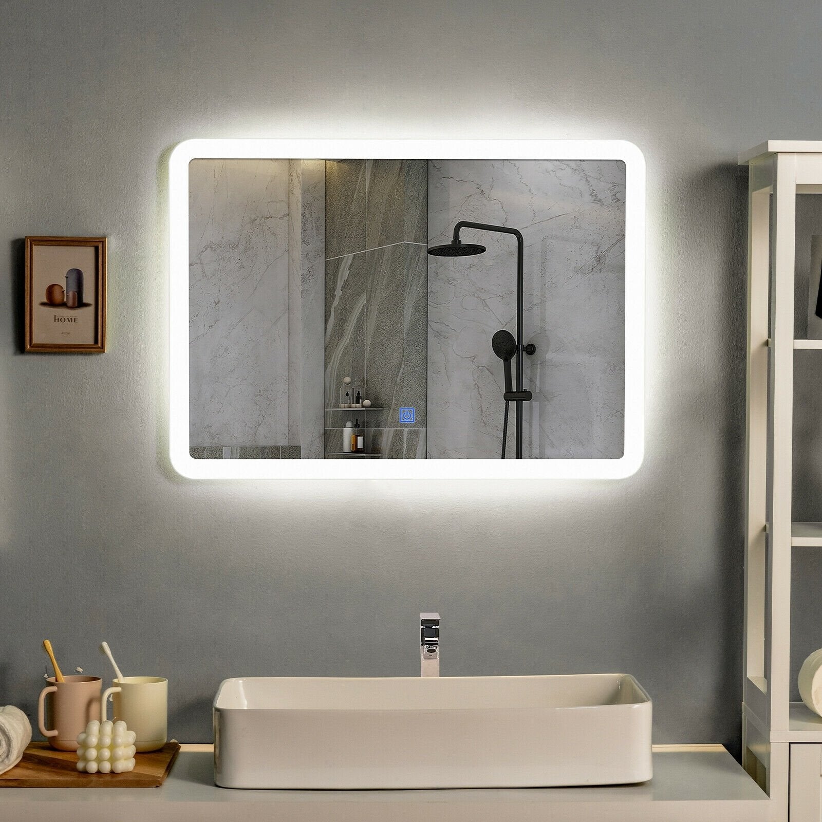 LED Wall-mounted Bathroom Rounded Arc Corner Mirror with Touch, White Wall Mirrors   at Gallery Canada