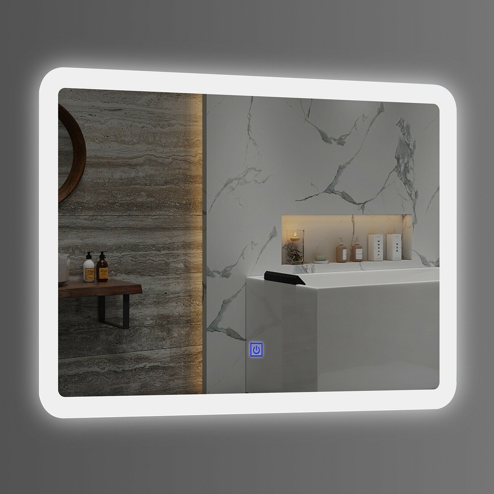 LED Wall-mounted Bathroom Rounded Arc Corner Mirror with Touch, White Wall Mirrors   at Gallery Canada