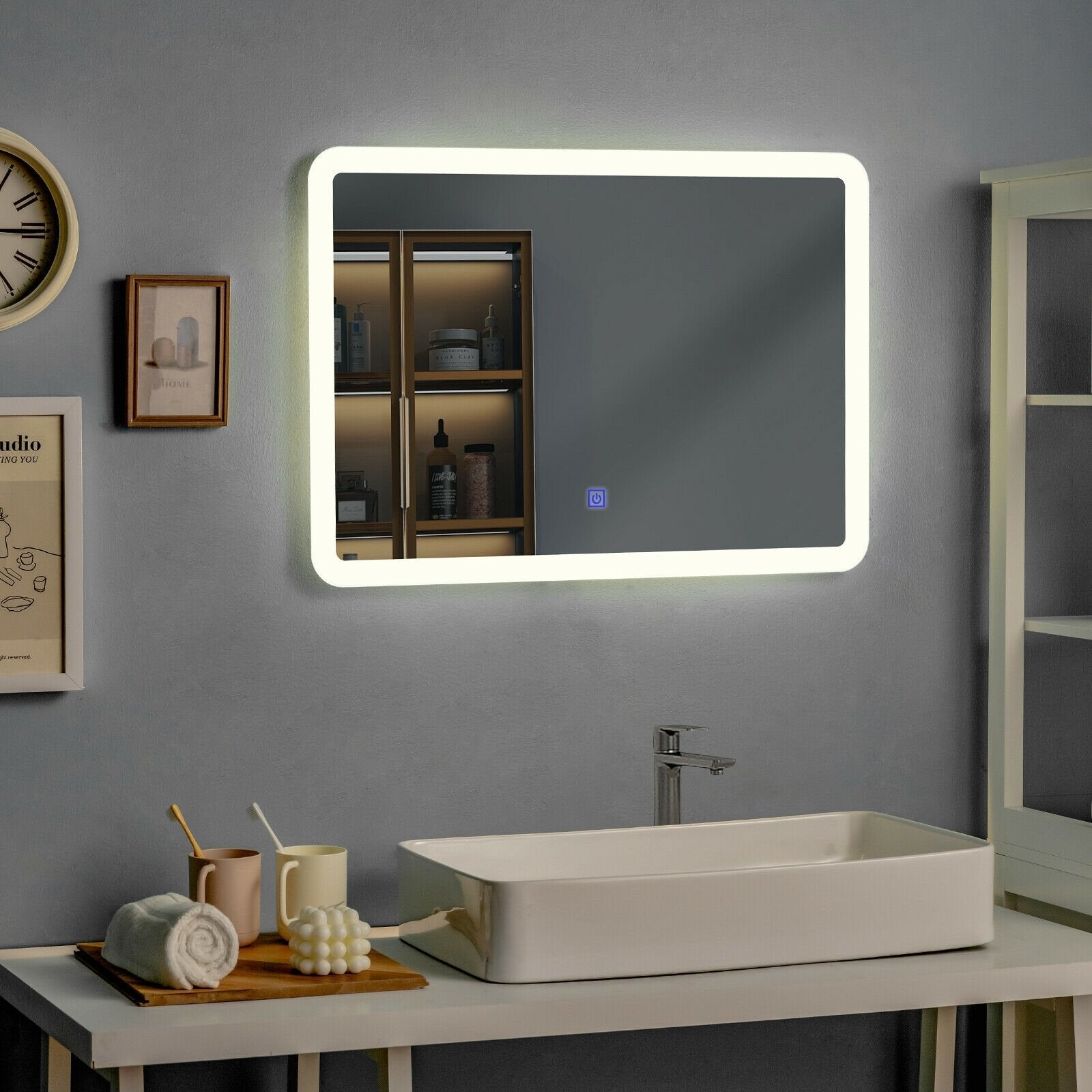 LED Wall-mounted Bathroom Rounded Arc Corner Mirror with Touch, White Wall Mirrors   at Gallery Canada