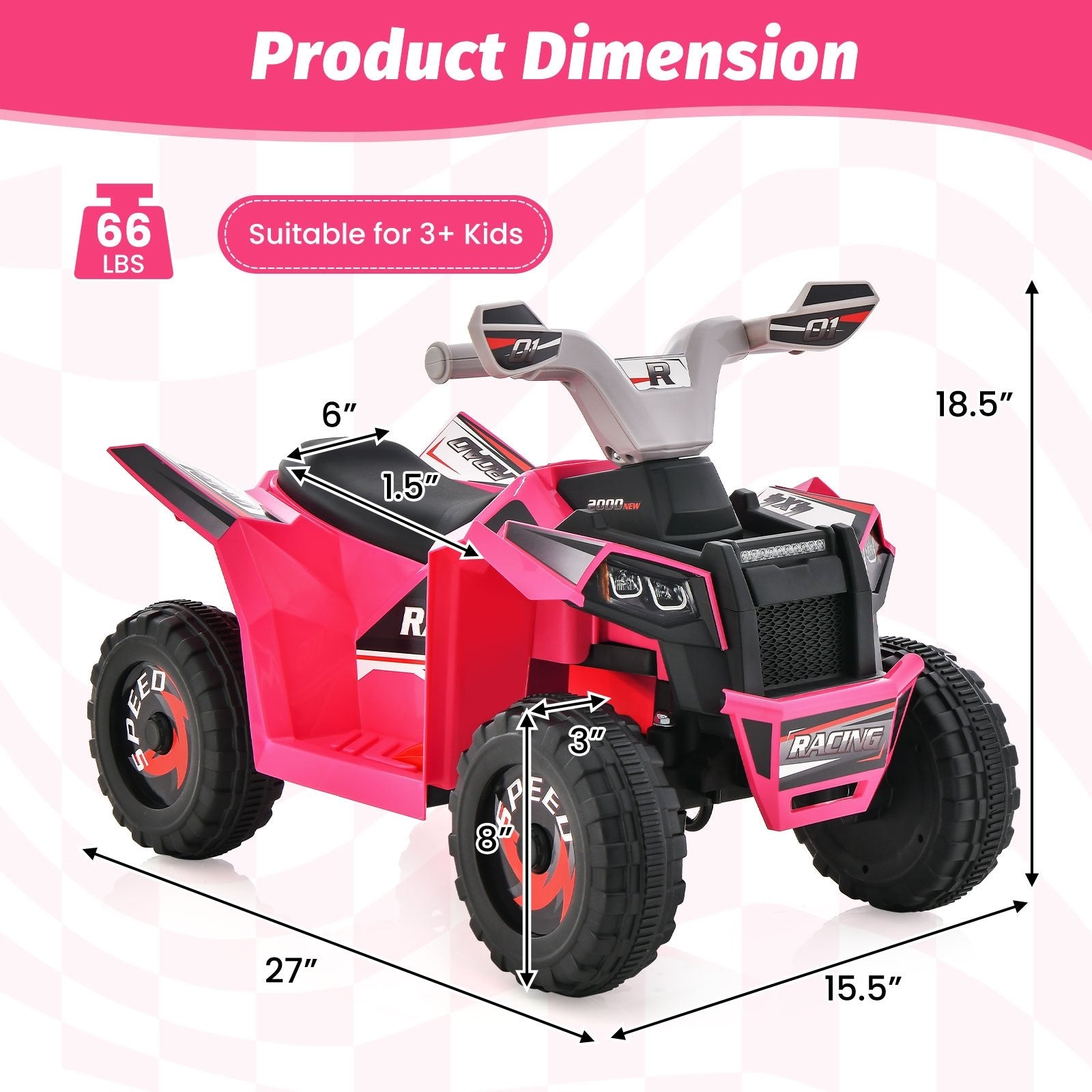 Kids Ride on ATV 4 Wheeler Quad Toy Car with Direction Control, Pink Powered Ride On Toys   at Gallery Canada