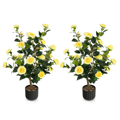 38 Inch Artificial Camellia Tree Faux Flower Plant in Cement Pot 2 Pack, Yellow Faux Plants   at Gallery Canada