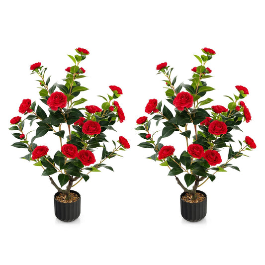 38 Inch Artificial Camellia Tree Faux Flower Plant in Cement Pot 2 Pack, Red Faux Plants   at Gallery Canada