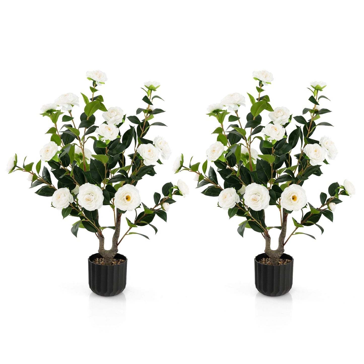 38 Inch Artificial Camellia Tree Faux Flower Plant in Cement Pot 2 Pack, White Faux Plants   at Gallery Canada