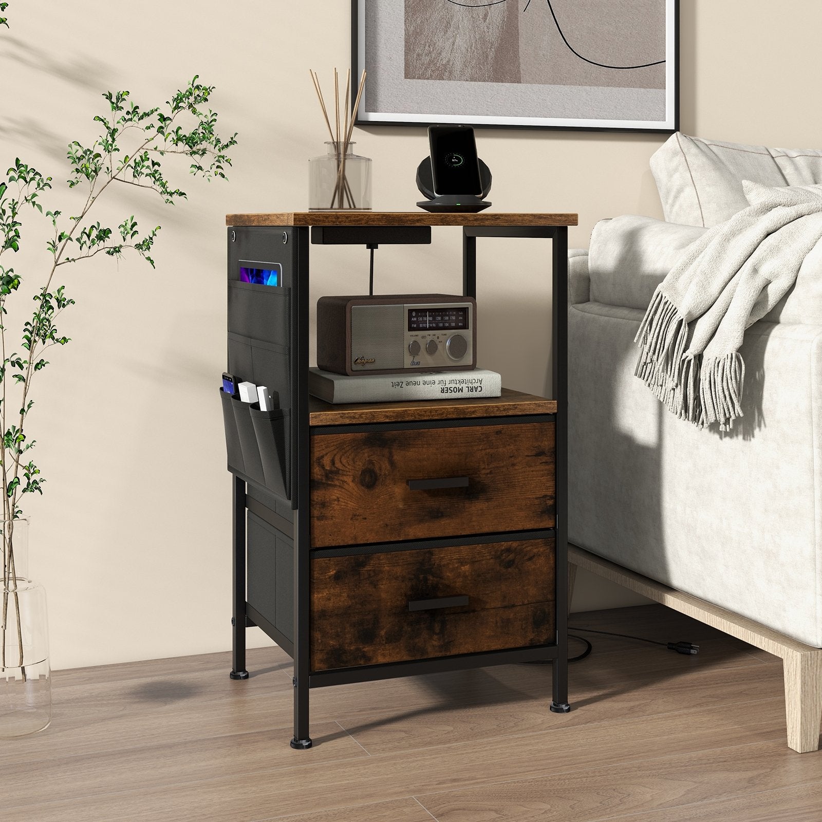 Industrial Bedside Table with USB Ports and AC Outlets for Bedroom Living  Room-1 Piece, Rustic Brown Nightstands   at Gallery Canada