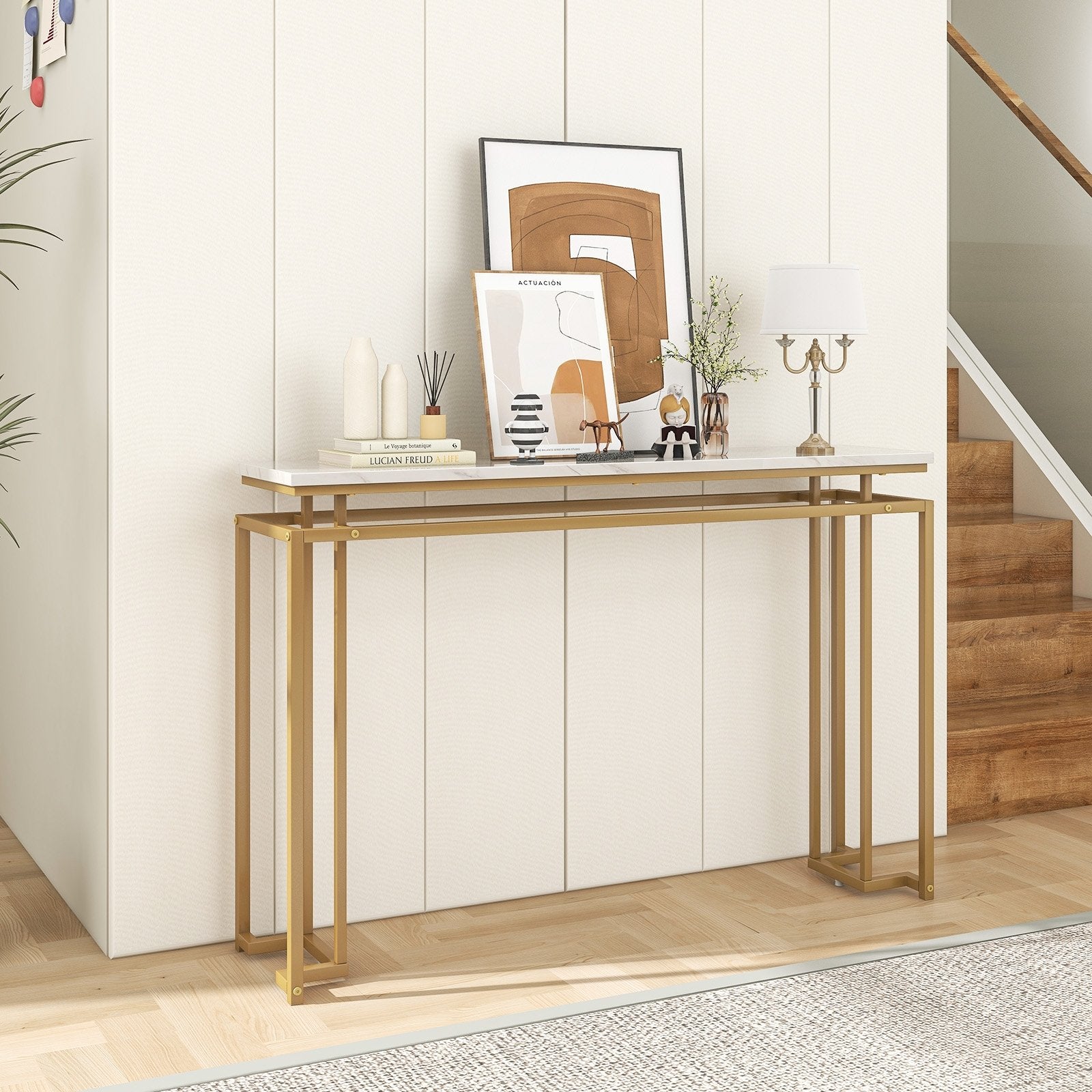 Modern Entryway Table with Gold Heavy-duty Metal Frame and Anti-toppling Kit for Living Room, White Console Tables   at Gallery Canada