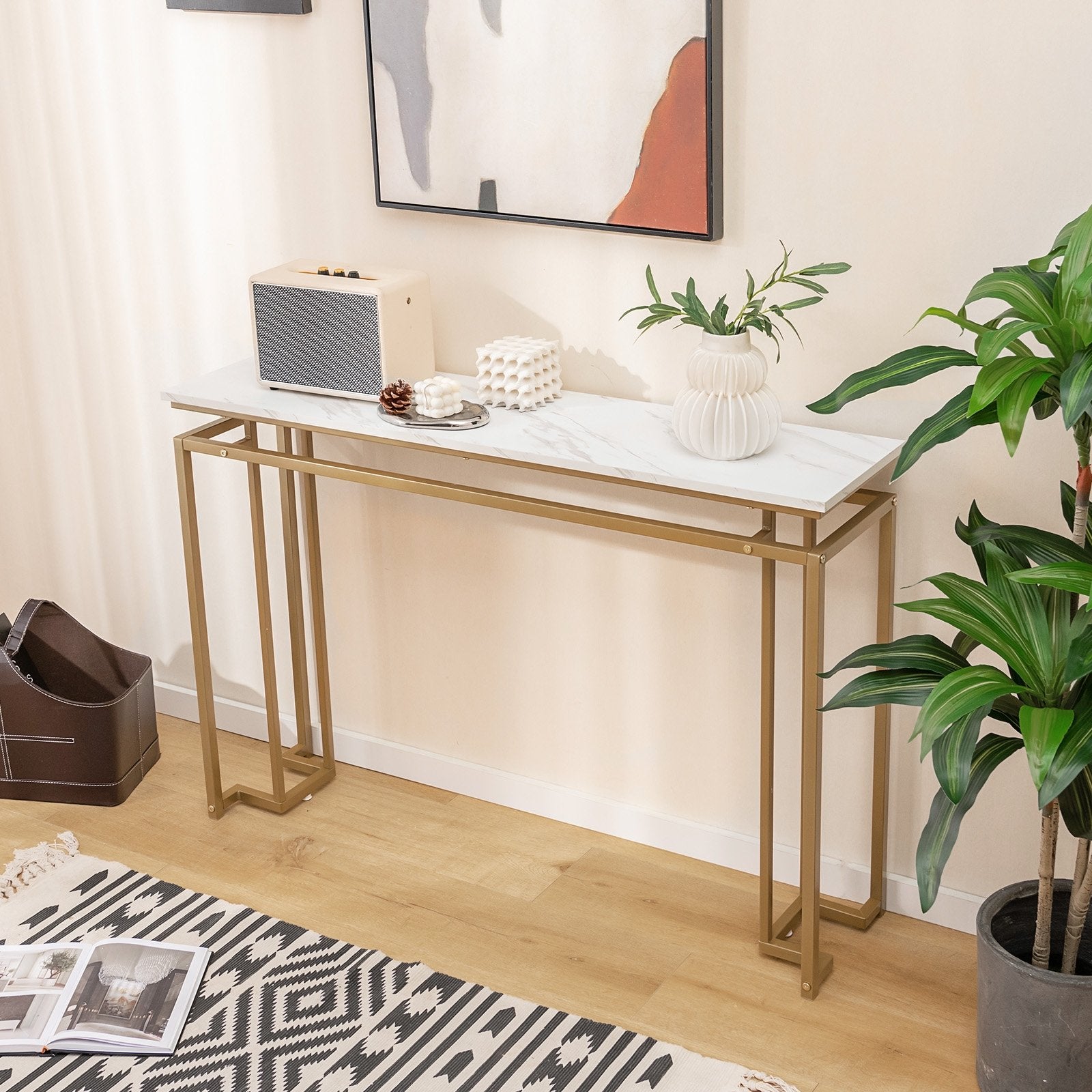 Modern Entryway Table with Gold Heavy-duty Metal Frame and Anti-toppling Kit for Living Room, White Console Tables   at Gallery Canada