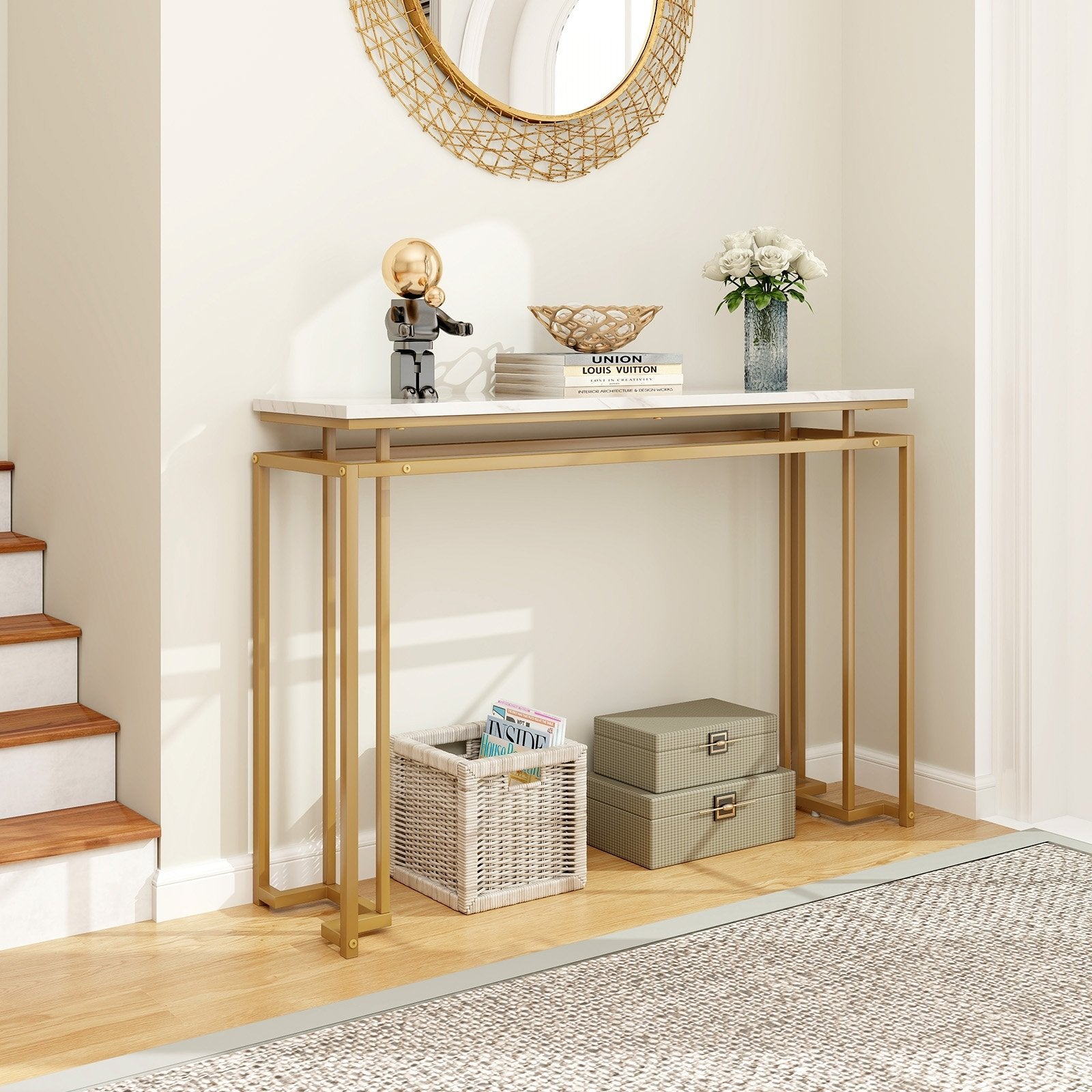 Modern Entryway Table with Gold Heavy-duty Metal Frame and Anti-toppling Kit for Living Room, White Console Tables   at Gallery Canada