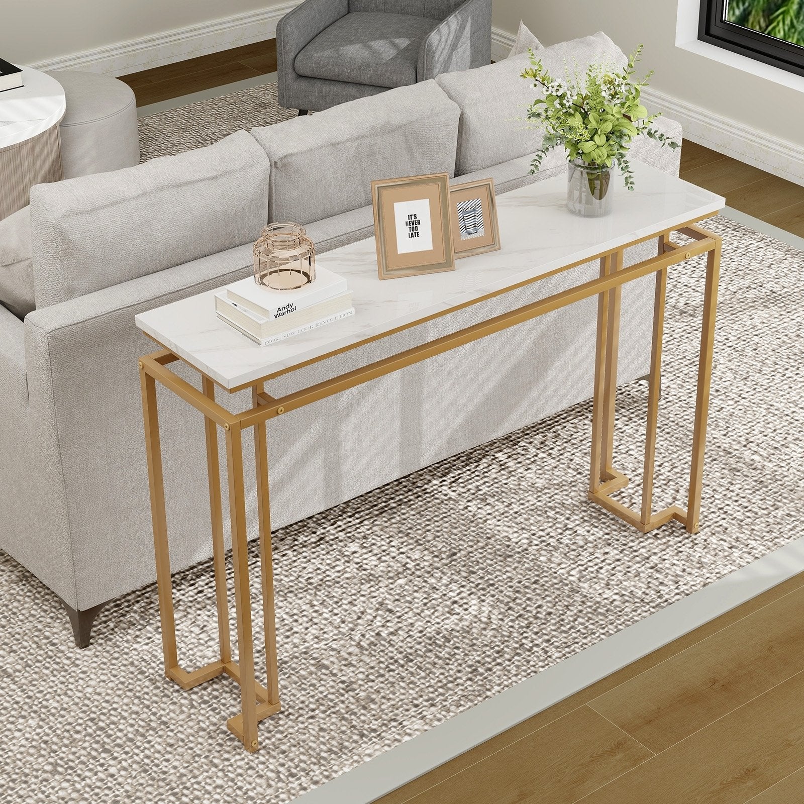 Modern Entryway Table with Gold Heavy-duty Metal Frame and Anti-toppling Kit for Living Room, White Console Tables   at Gallery Canada