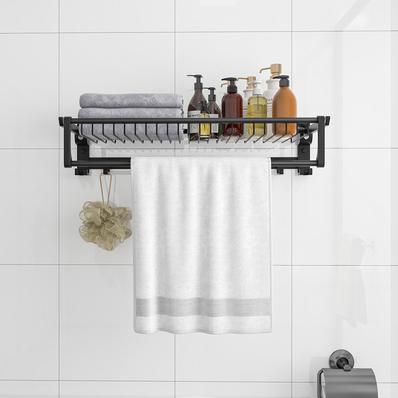 Wall Mounted Towel Shelf with Adjustable Towel Bar and Movable Hooks No Assembly Required Towel Racks   at Gallery Canada