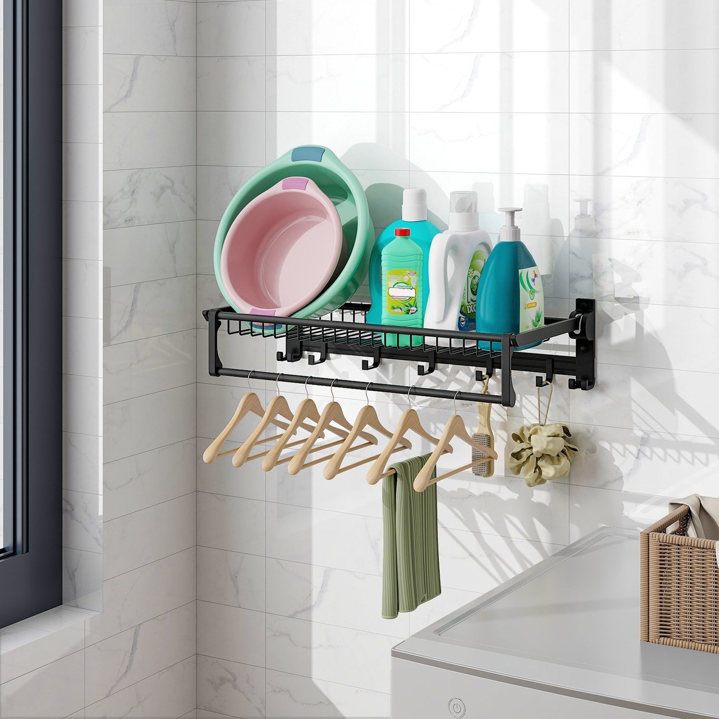 Wall Mounted Towel Shelf with Adjustable Towel Bar and Movable Hooks No Assembly Required Towel Racks   at Gallery Canada