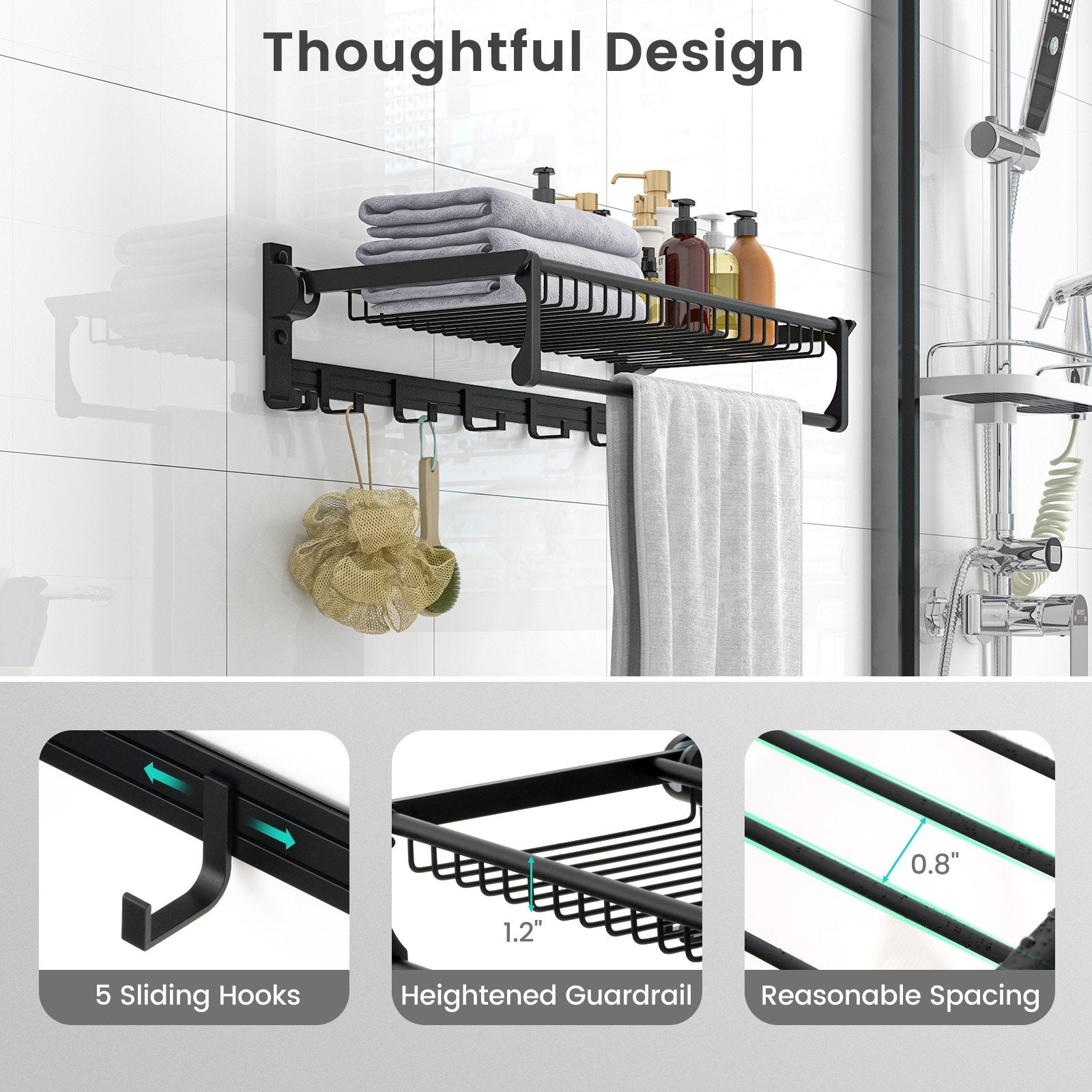 Wall Mounted Towel Shelf with Adjustable Towel Bar and Movable Hooks No Assembly Required Towel Racks   at Gallery Canada