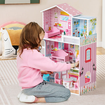 Kids Wooden Dollhouse Playset with 5 Simulated Rooms and 10 Pieces of Furniture, Pink Play Tents & Playhouse   at Gallery Canada