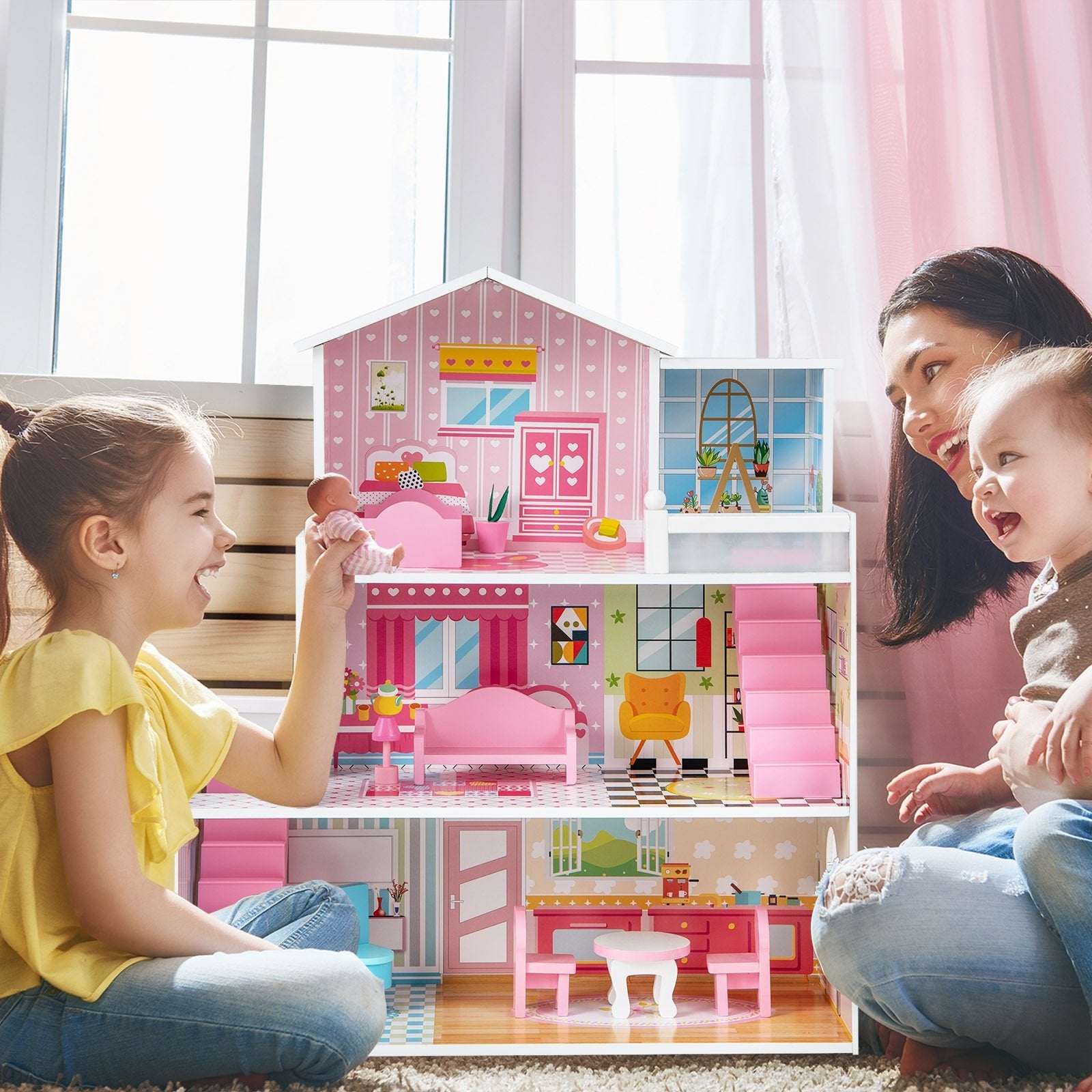 Kids Wooden Dollhouse Playset with 5 Simulated Rooms and 10 Pieces of Furniture, Pink Play Tents & Playhouse   at Gallery Canada