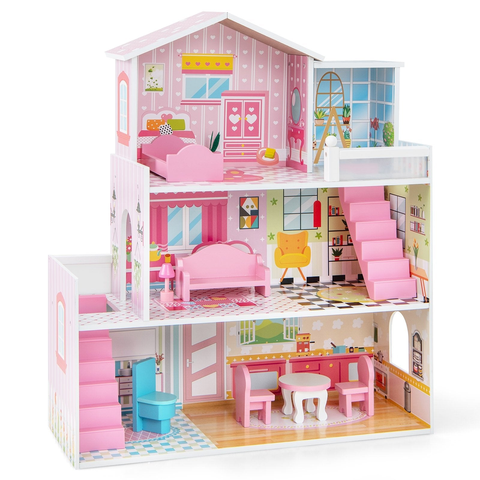 Kids Wooden Dollhouse Playset with 5 Simulated Rooms and 10 Pieces of Furniture, Pink Play Tents & Playhouse   at Gallery Canada