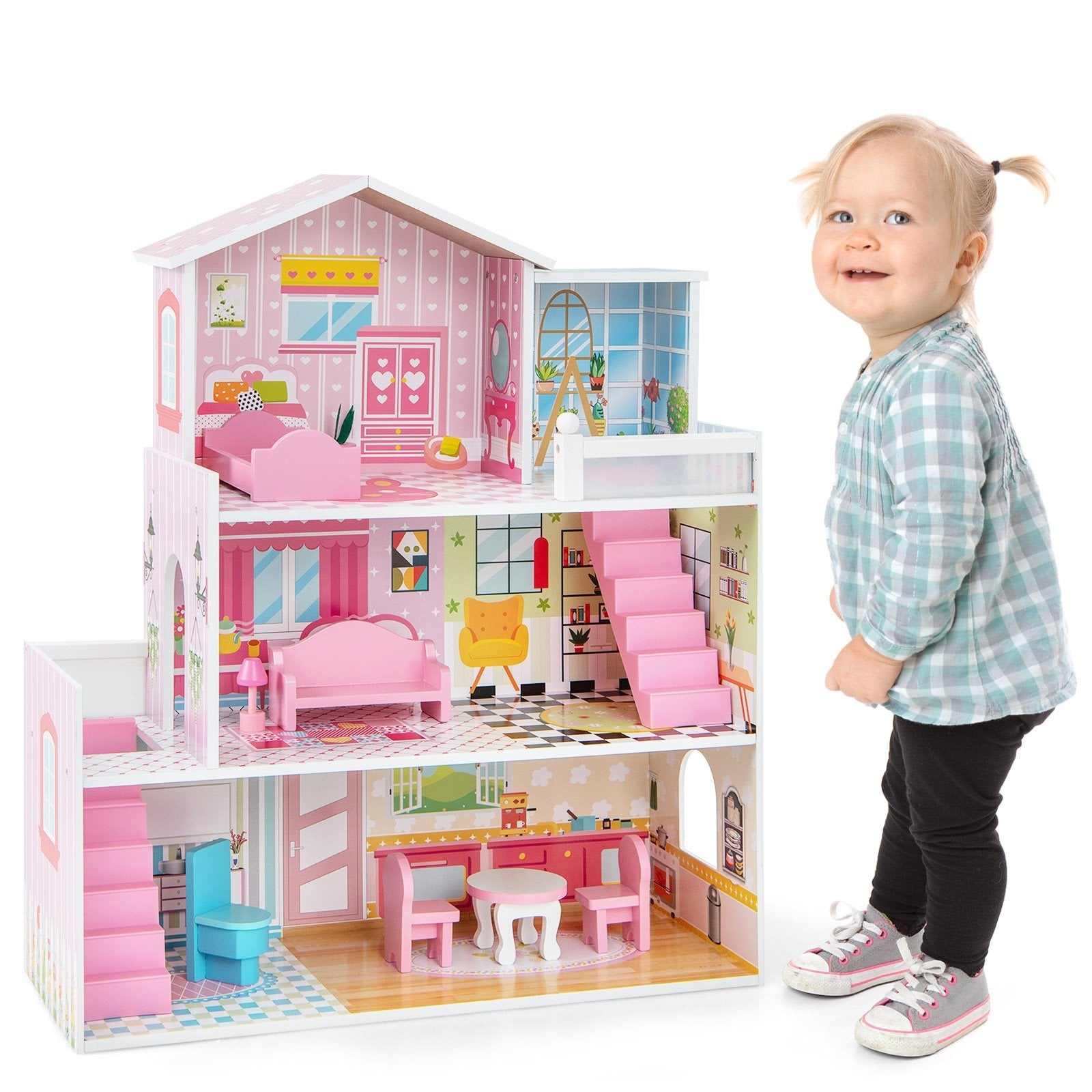 Kids Wooden Dollhouse Playset with 5 Simulated Rooms and 10 Pieces of Furniture, Pink Play Tents & Playhouse   at Gallery Canada