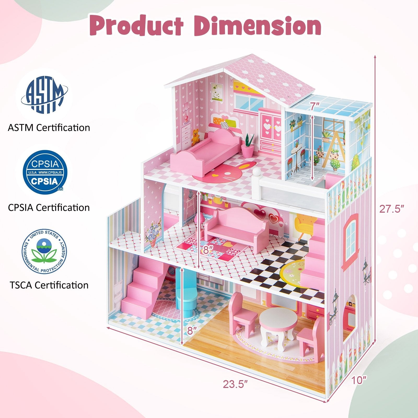 Kids Wooden Dollhouse Playset with 5 Simulated Rooms and 10 Pieces of Furniture, Pink Play Tents & Playhouse   at Gallery Canada