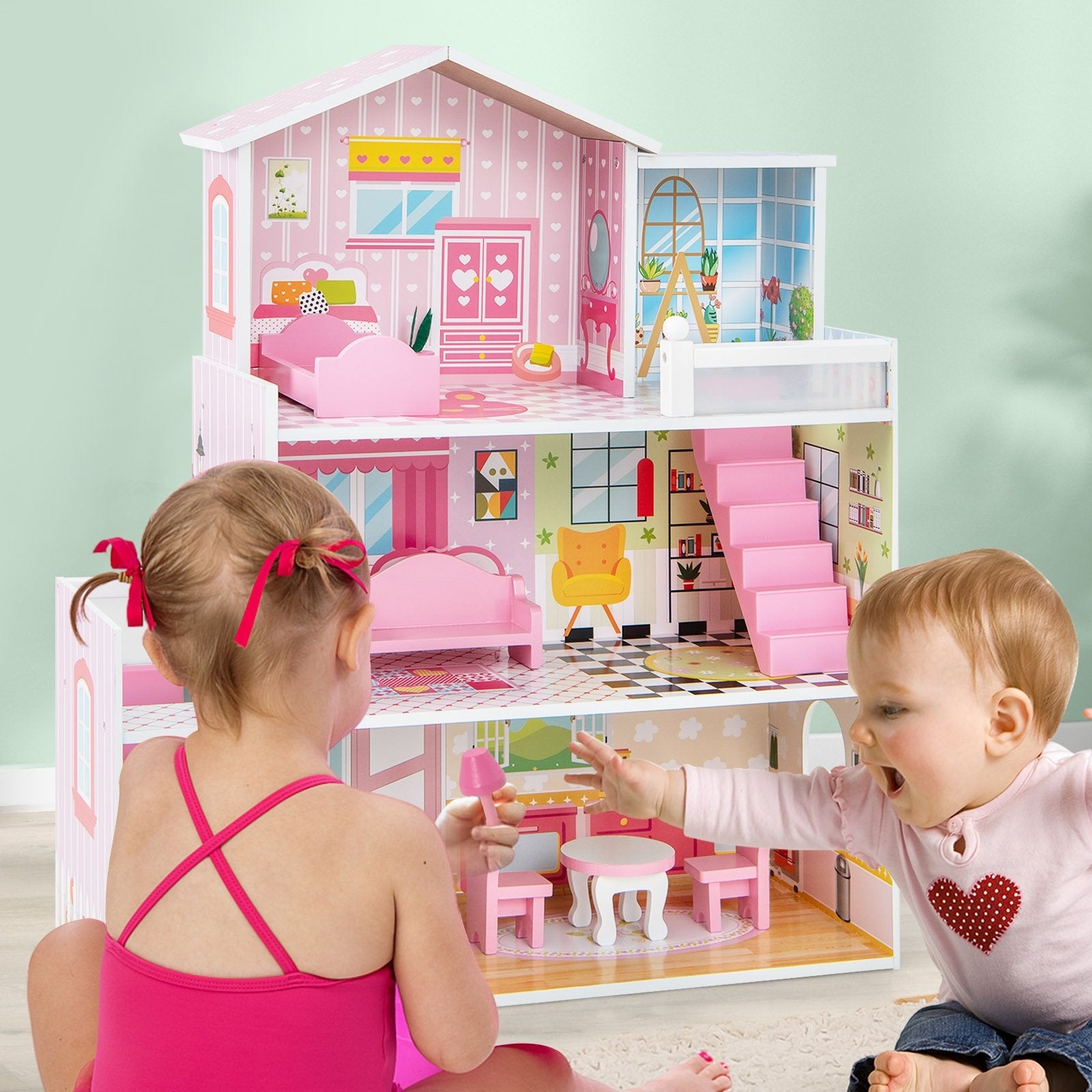 Kids Wooden Dollhouse Playset with 5 Simulated Rooms and 10 Pieces of Furniture, Pink Play Tents & Playhouse   at Gallery Canada