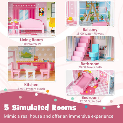 Kids Wooden Dollhouse Playset with 5 Simulated Rooms and 10 Pieces of Furniture, Pink Play Tents & Playhouse   at Gallery Canada