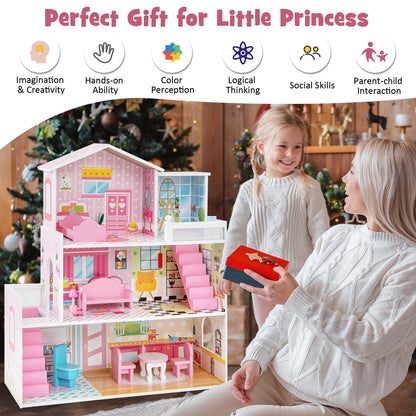 Kids Wooden Dollhouse Playset with 5 Simulated Rooms and 10 Pieces of Furniture, Pink Play Tents & Playhouse   at Gallery Canada