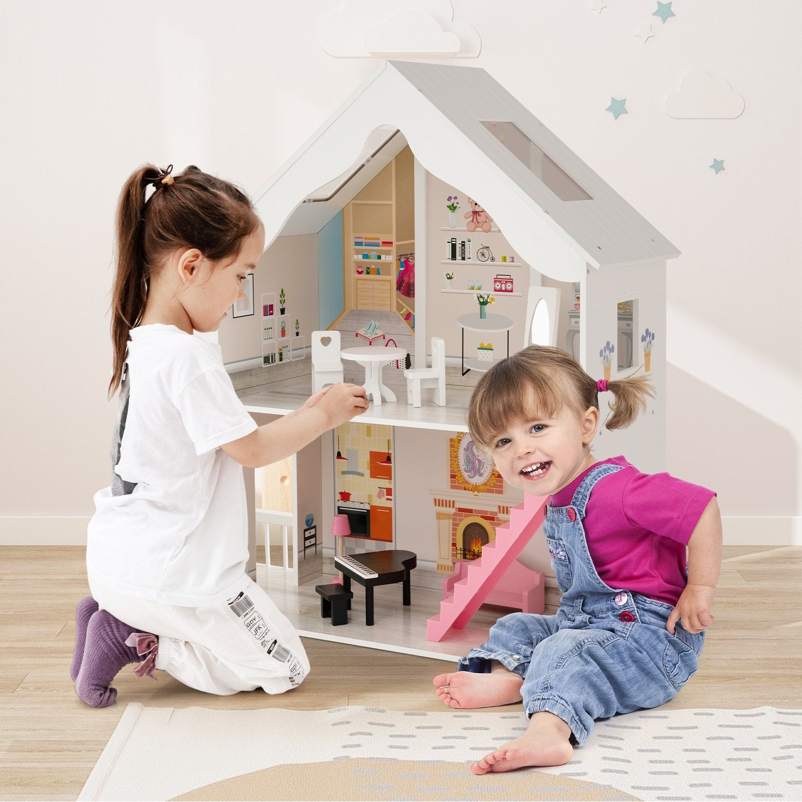 Semi-Opened DIY Dollhouse with Simulated Rooms and Furniture Set, White Play Tents & Playhouse   at Gallery Canada