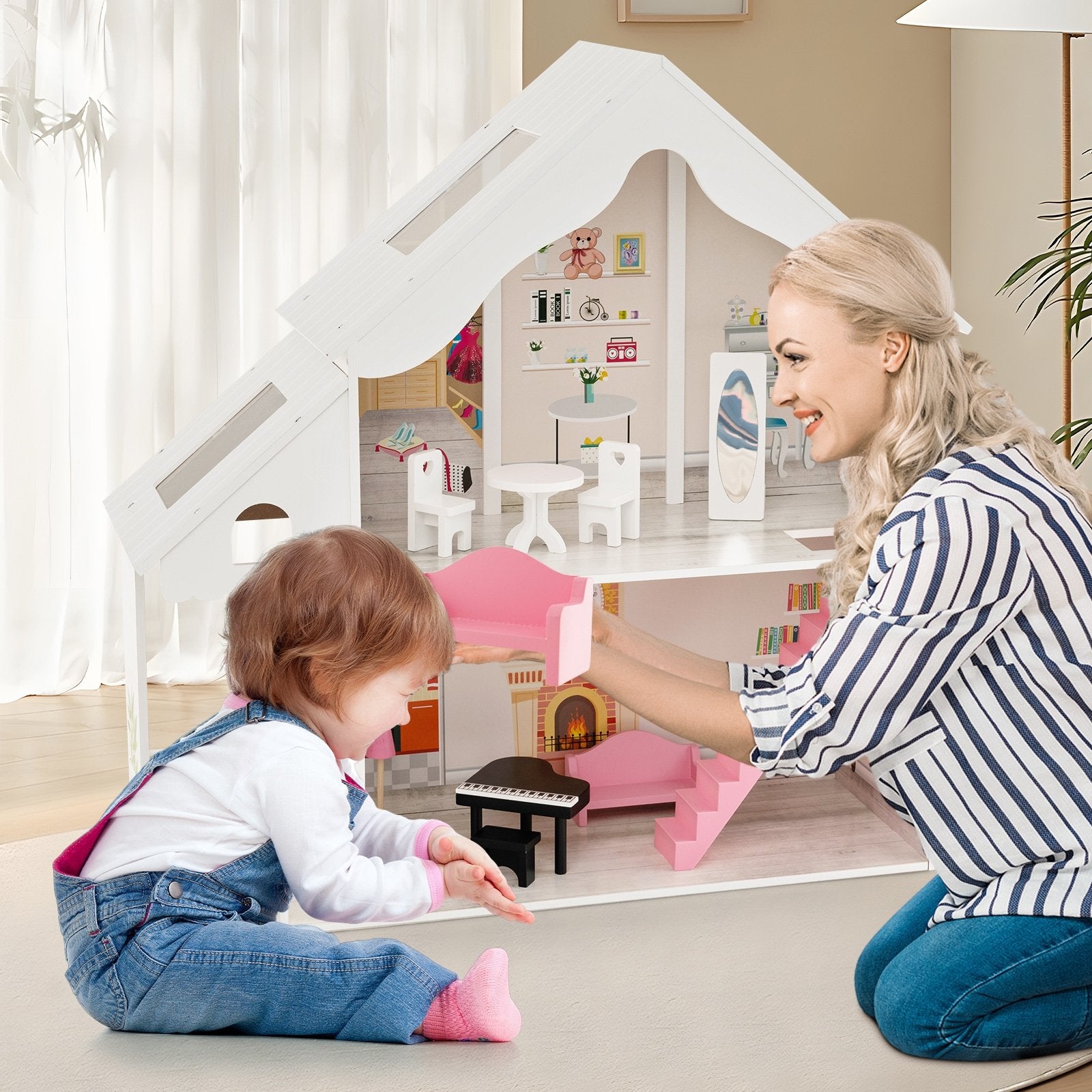 Semi-Opened DIY Dollhouse with Simulated Rooms and Furniture Set, White Play Tents & Playhouse   at Gallery Canada