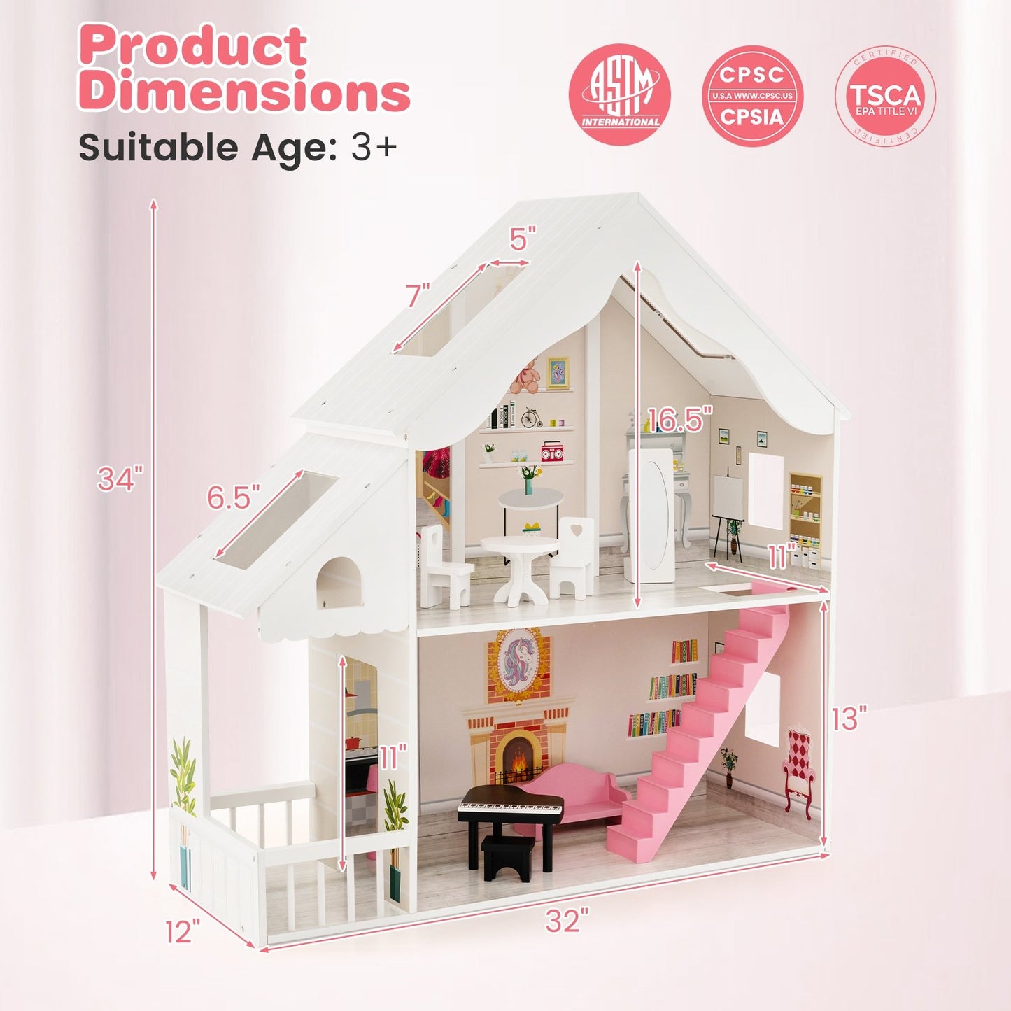 Semi-Opened DIY Dollhouse with Simulated Rooms and Furniture Set, White Play Tents & Playhouse   at Gallery Canada