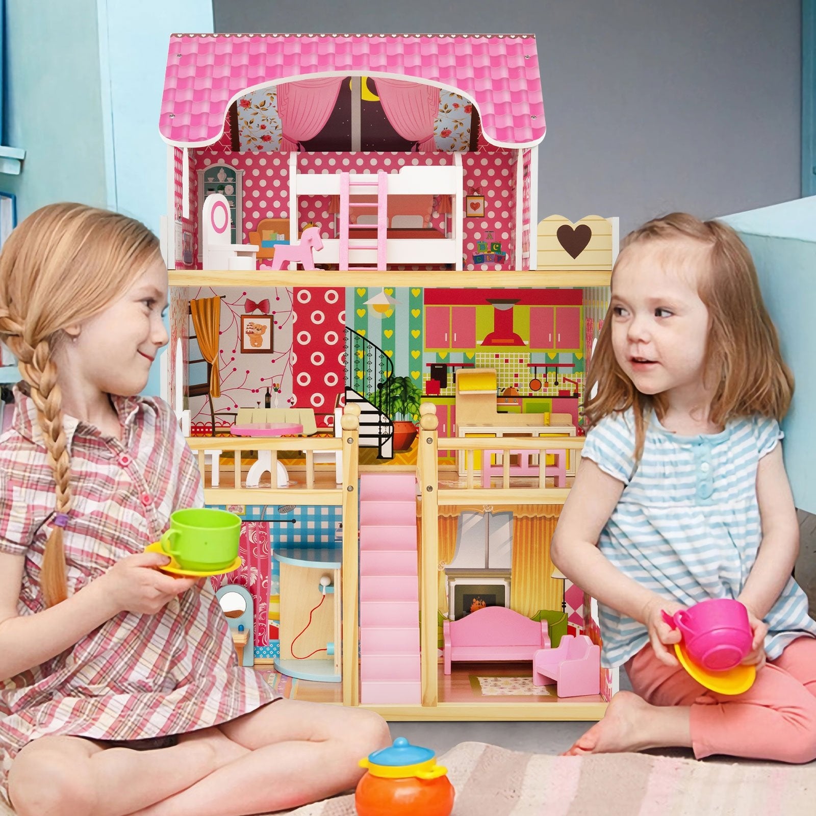 Doll House Playset with 3 Stories and 6 Simulated Rooms and 15 Pieces of Furniture, Pink Play Tents & Playhouse   at Gallery Canada