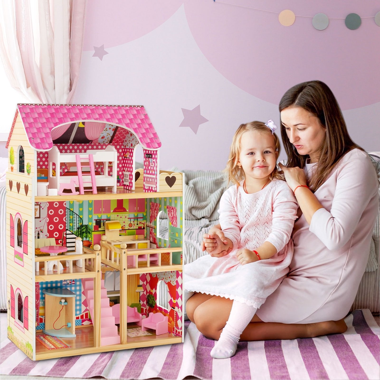 Doll House Playset with 3 Stories and 6 Simulated Rooms and 15 Pieces of Furniture, Pink Play Tents & Playhouse   at Gallery Canada