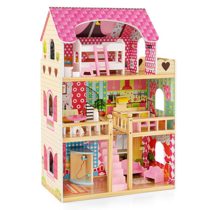 Doll House Playset with 3 Stories and 6 Simulated Rooms and 15 Pieces of Furniture, Pink Play Tents & Playhouse   at Gallery Canada