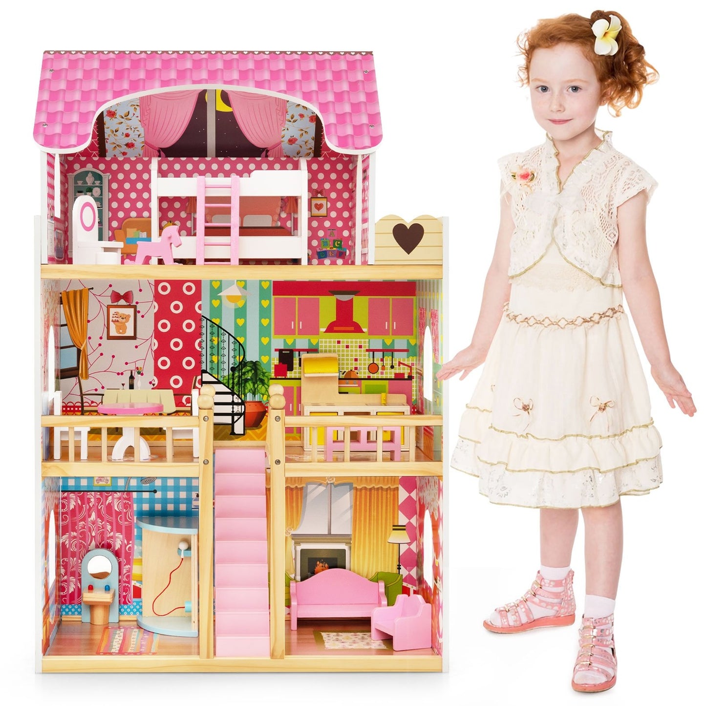 Doll House Playset with 3 Stories and 6 Simulated Rooms and 15 Pieces of Furniture, Pink Play Tents & Playhouse   at Gallery Canada