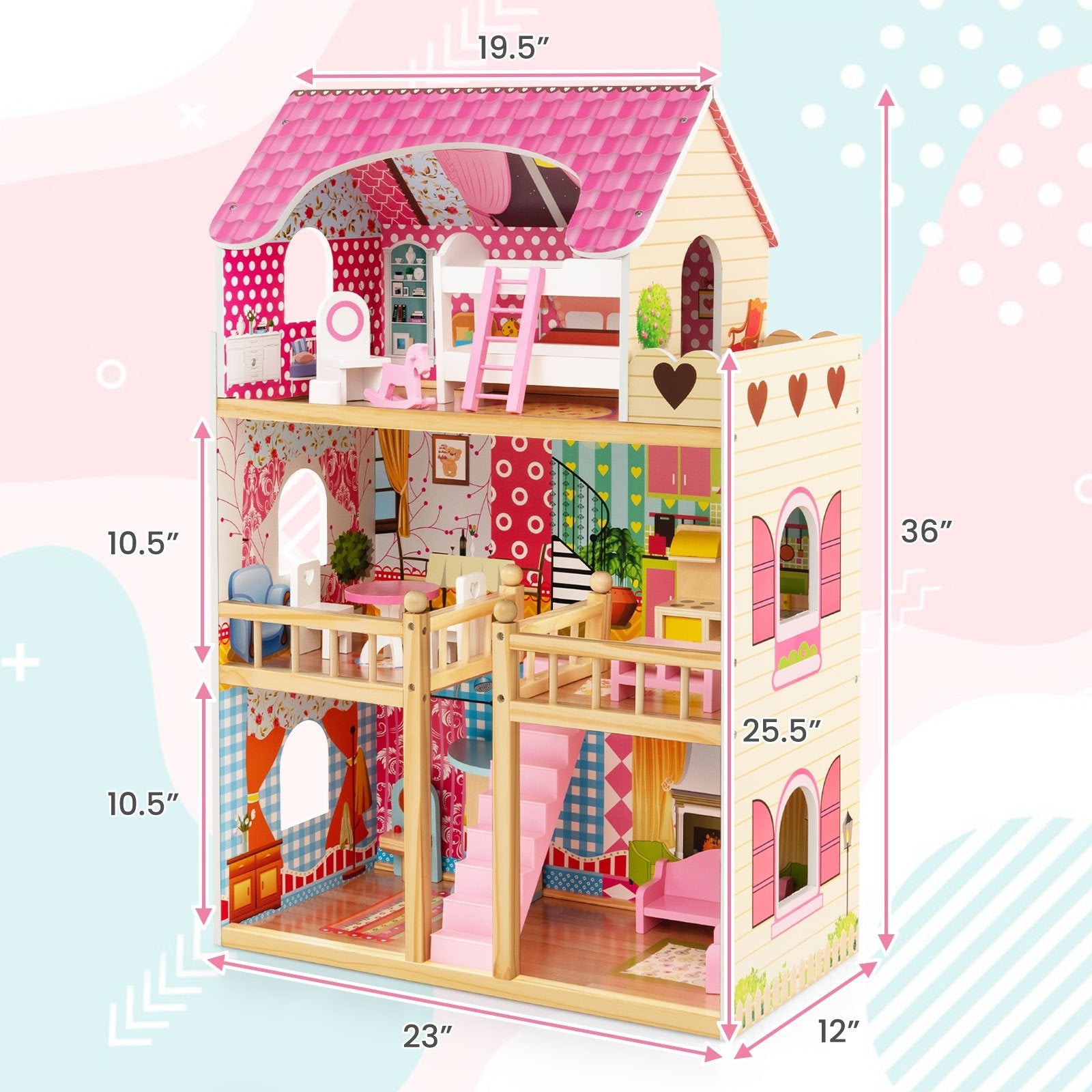 Doll House Playset with 3 Stories and 6 Simulated Rooms and 15 Pieces of Furniture, Pink Play Tents & Playhouse   at Gallery Canada