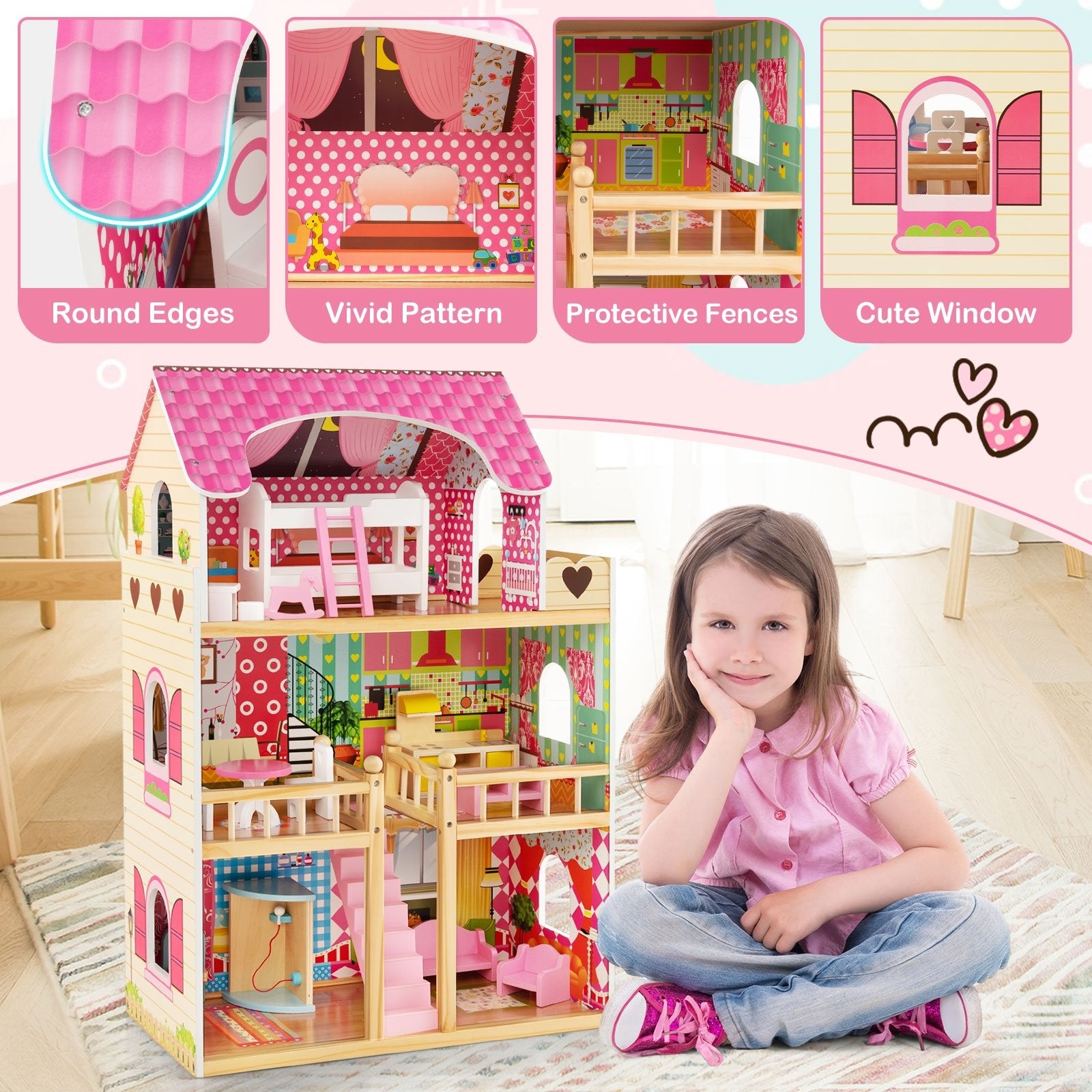 Doll House Playset with 3 Stories and 6 Simulated Rooms and 15 Pieces of Furniture, Pink Play Tents & Playhouse   at Gallery Canada