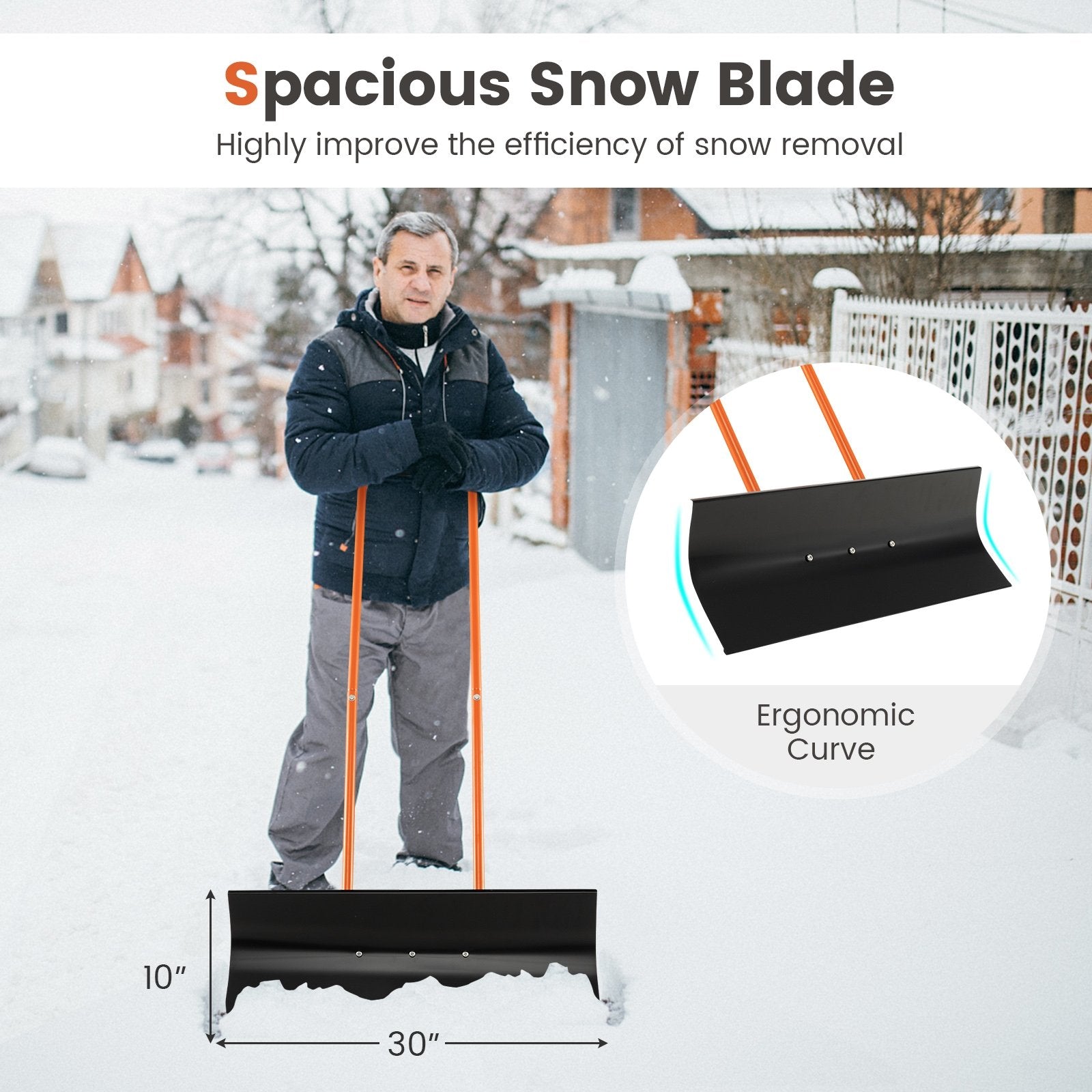 Snow Shovel with Wheels with 30 Inches Wide Blade and Adjustable Handle, Orange Snow Removal   at Gallery Canada