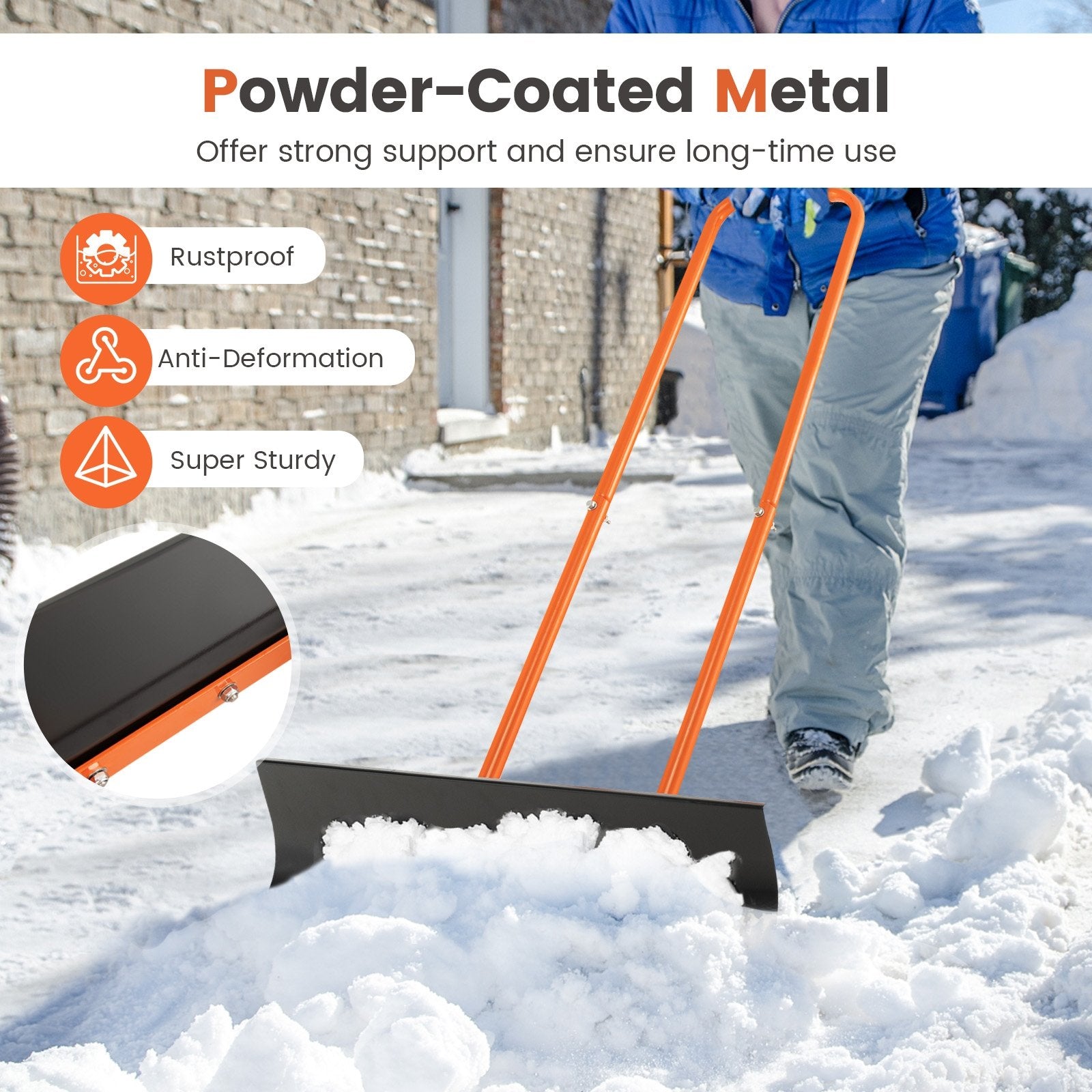 Snow Shovel with Wheels with 30 Inches Wide Blade and Adjustable Handle, Orange Snow Removal   at Gallery Canada