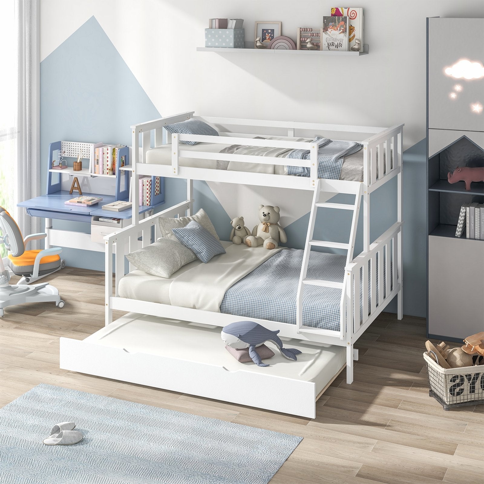 3-in-1 Twin Over Full Bunk Bed with Trundle and Ladder, White Trundle Bed Frame   at Gallery Canada