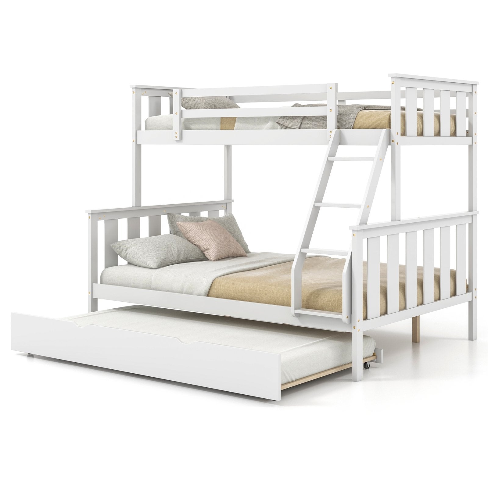 3-in-1 Twin Over Full Bunk Bed with Trundle and Ladder, White Trundle Bed Frame   at Gallery Canada