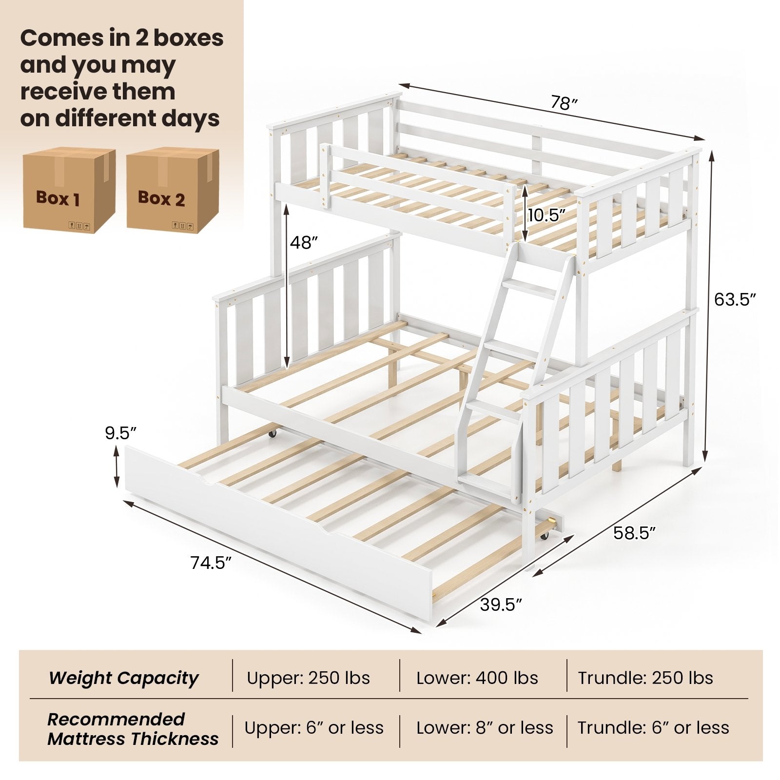 3-in-1 Twin Over Full Bunk Bed with Trundle and Ladder, White Trundle Bed Frame   at Gallery Canada