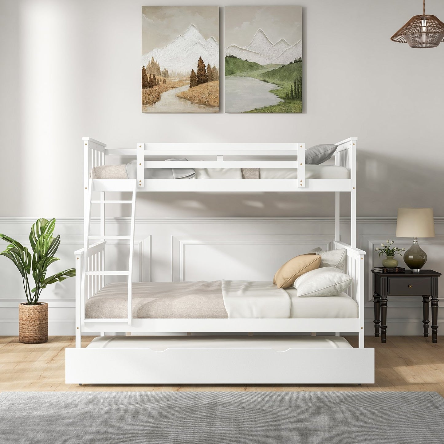 3-in-1 Twin Over Full Bunk Bed with Trundle and Ladder, White Trundle Bed Frame   at Gallery Canada