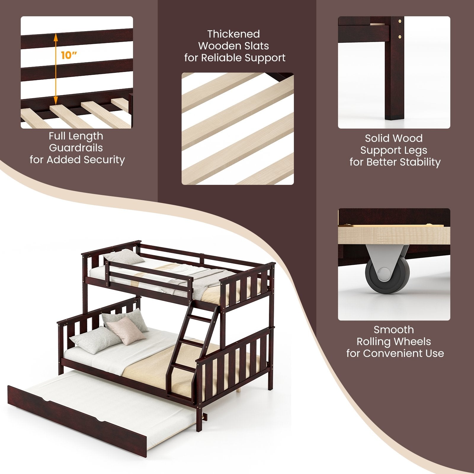 3-in-1 Twin Over Full Bunk Bed with Trundle and Ladder, Espresso Trundle Bed Frame   at Gallery Canada