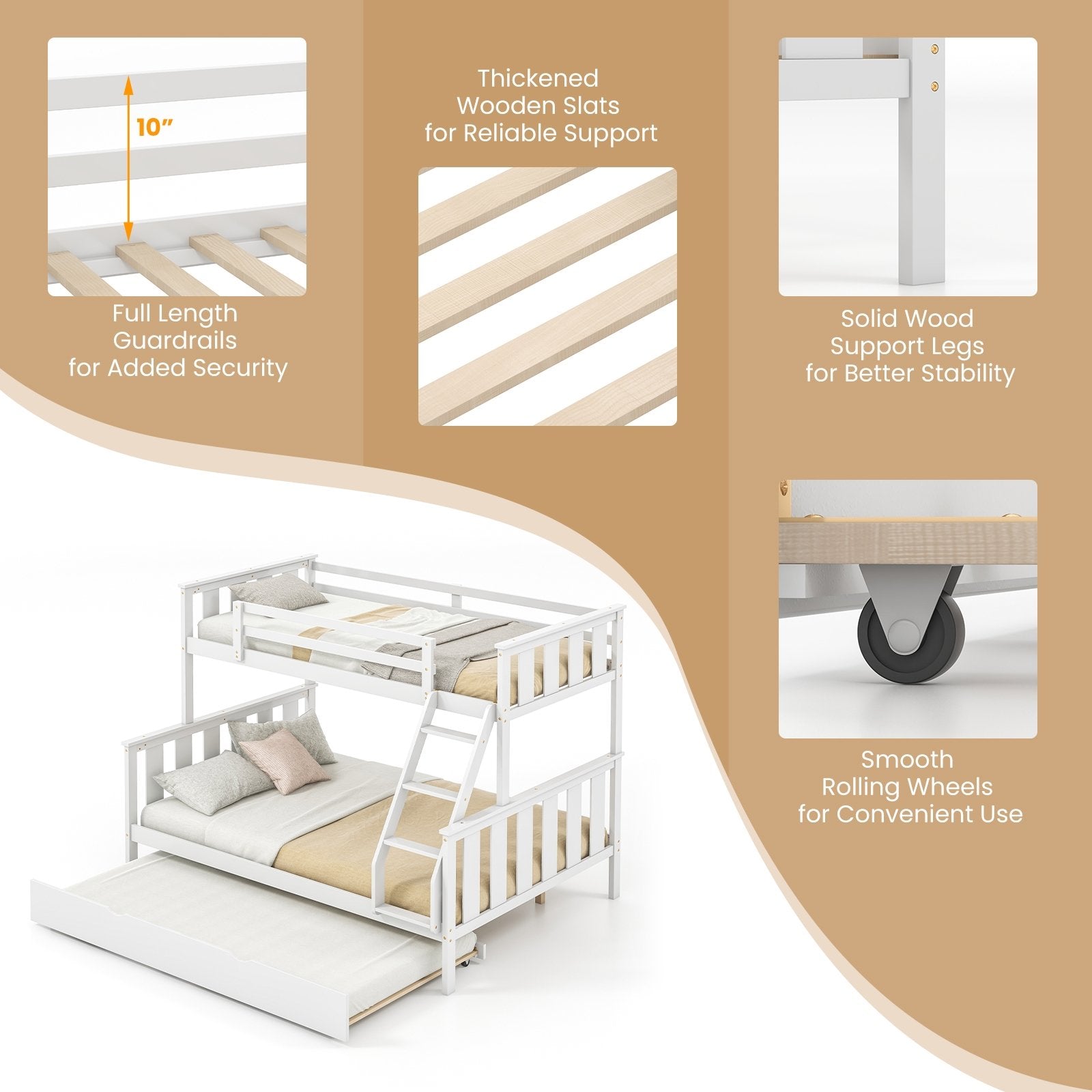 3-in-1 Twin Over Full Bunk Bed with Trundle and Ladder, White Trundle Bed Frame   at Gallery Canada