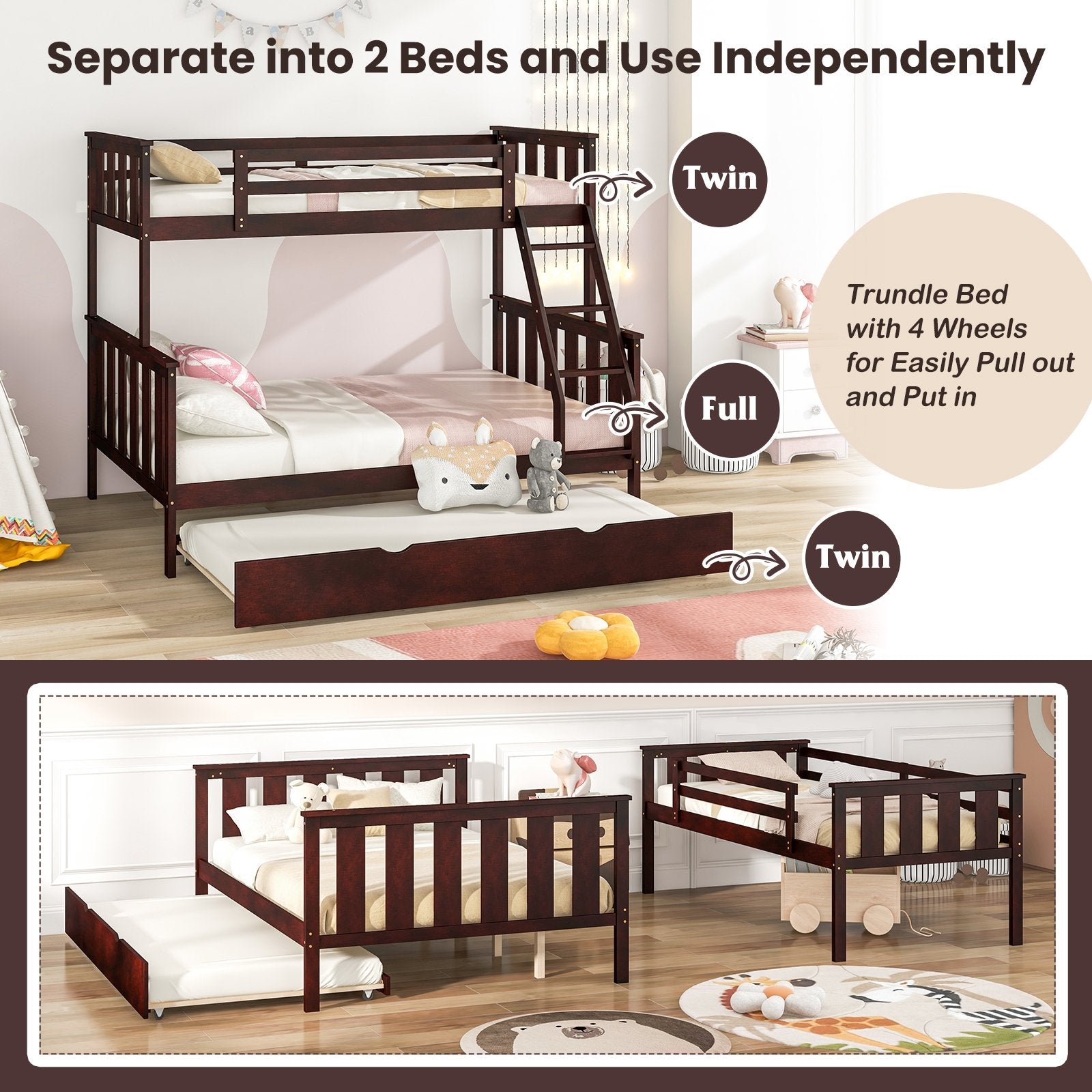 3-in-1 Twin Over Full Bunk Bed with Trundle and Ladder, Espresso Trundle Bed Frame   at Gallery Canada