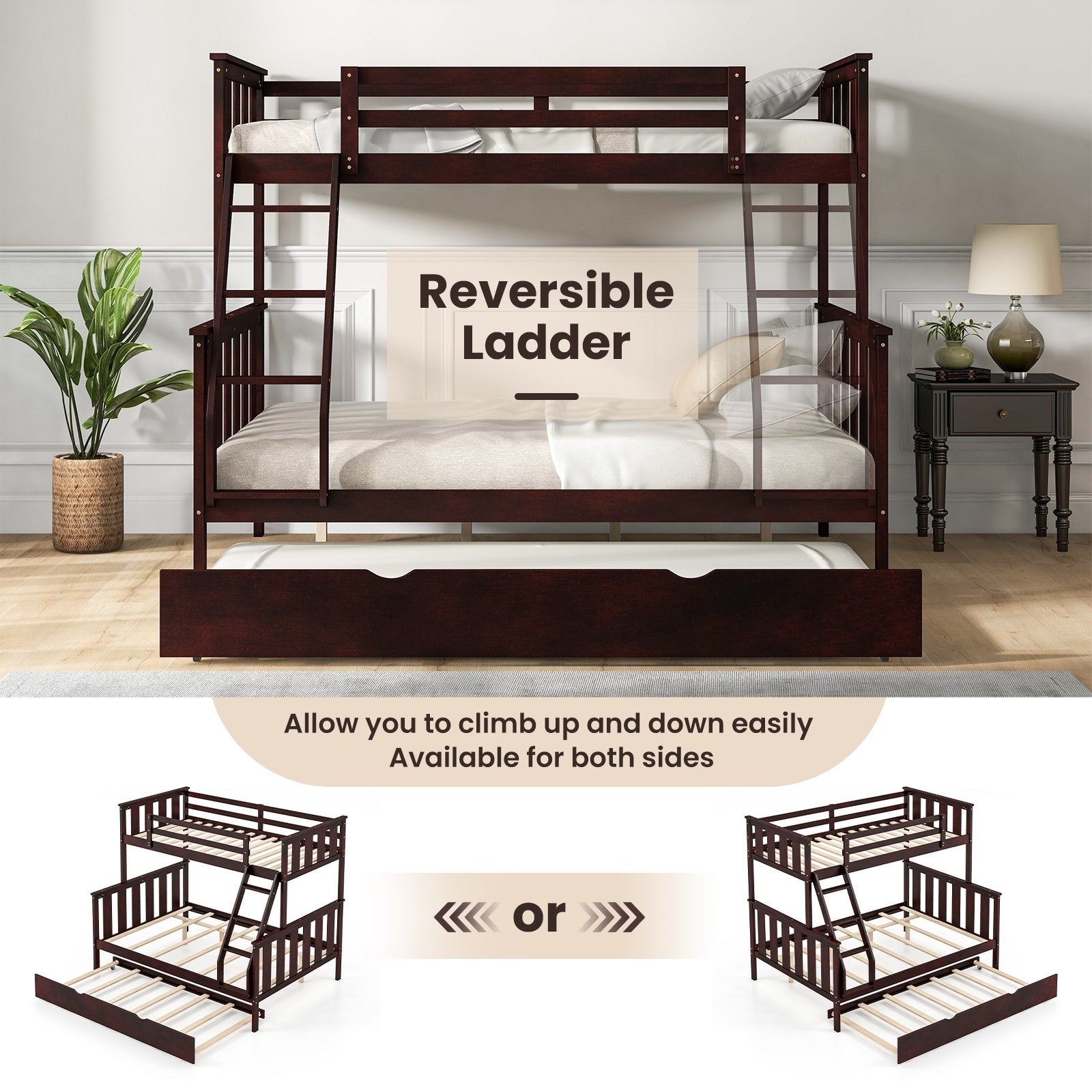 3-in-1 Twin Over Full Bunk Bed with Trundle and Ladder, Espresso Trundle Bed Frame   at Gallery Canada