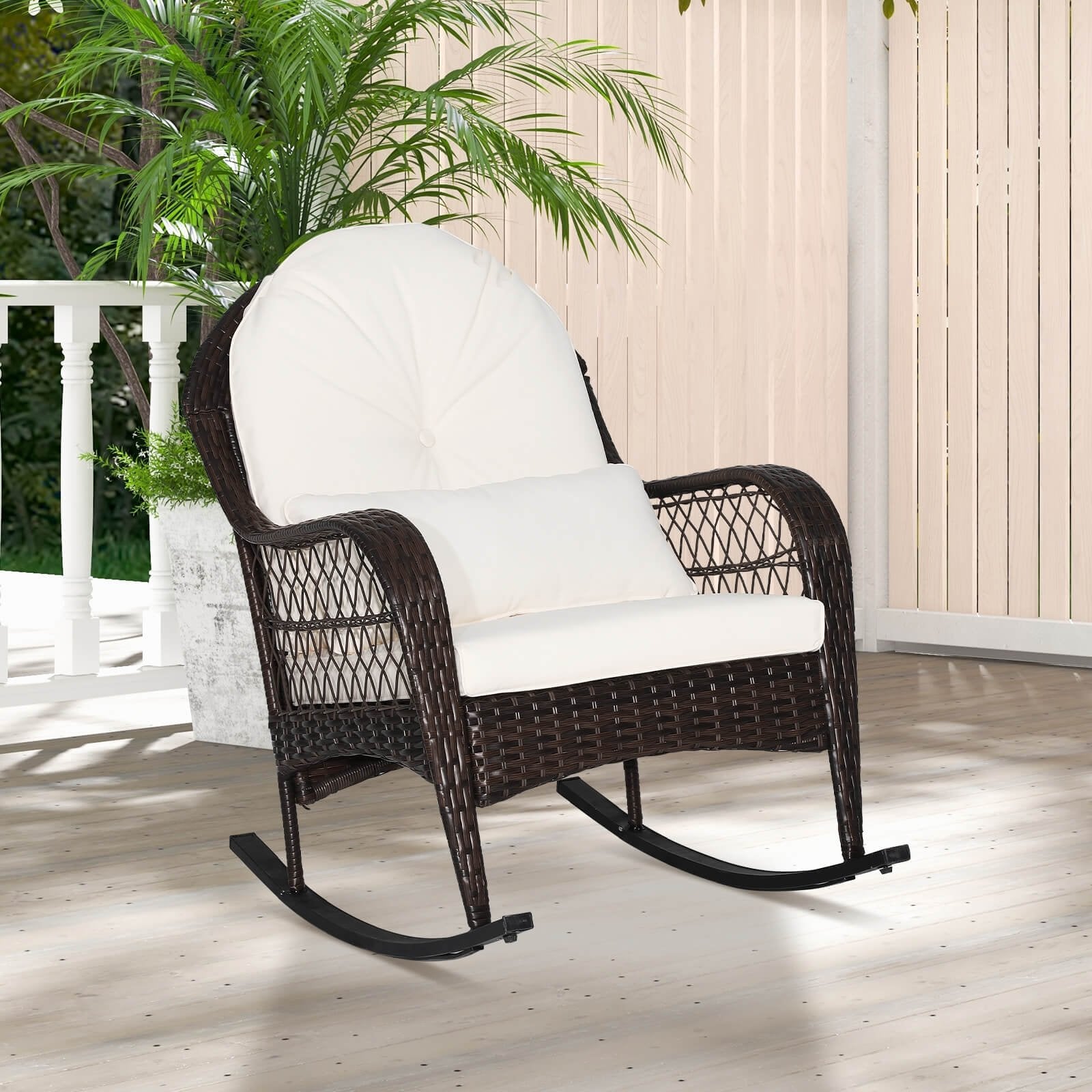 Patio Rattan Rocking Chair with Seat Back Cushions and Waist Pillow, White Patio Rocking Chairs & Gliders   at Gallery Canada