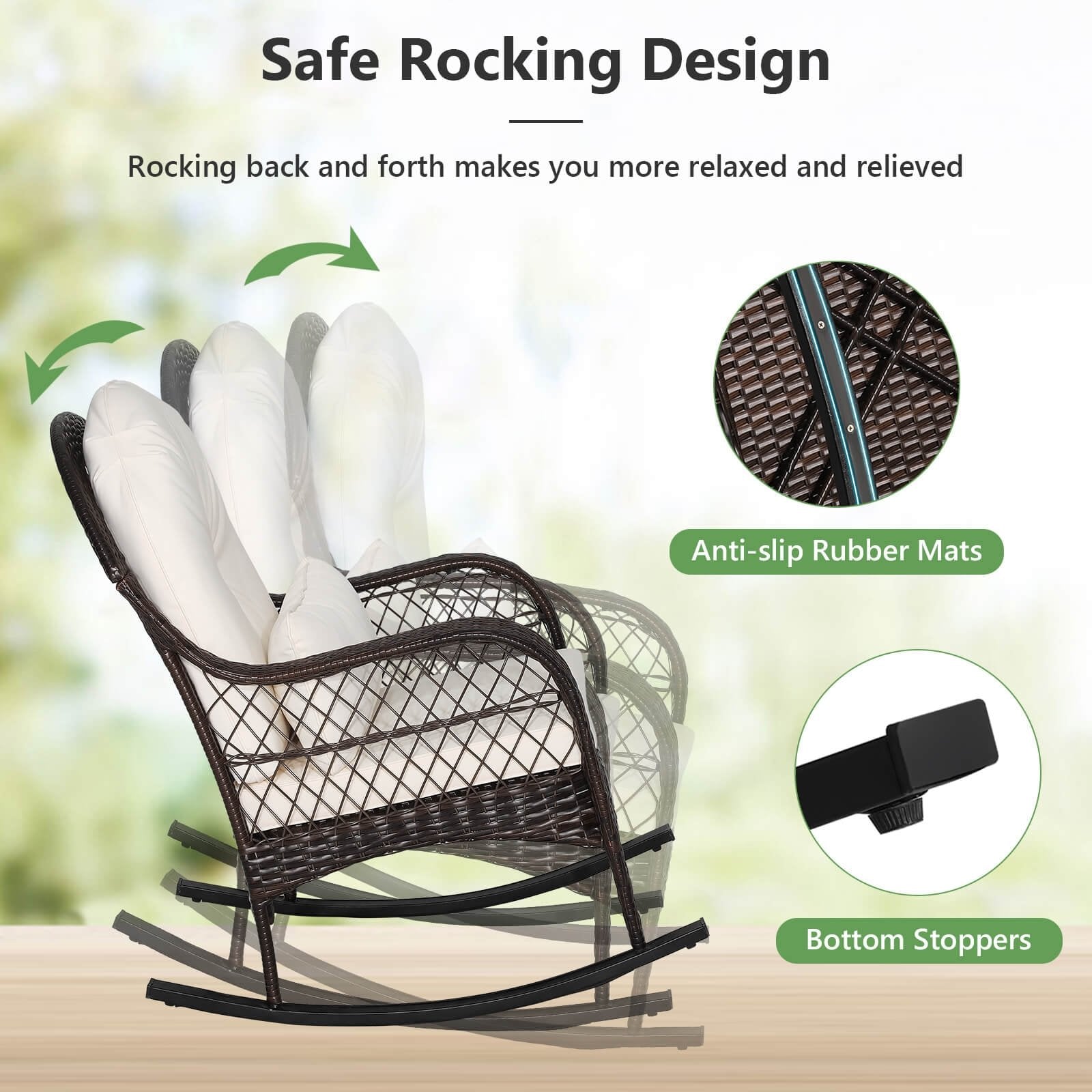 Patio Rattan Rocking Chair with Seat Back Cushions and Waist Pillow, White Patio Rocking Chairs & Gliders   at Gallery Canada