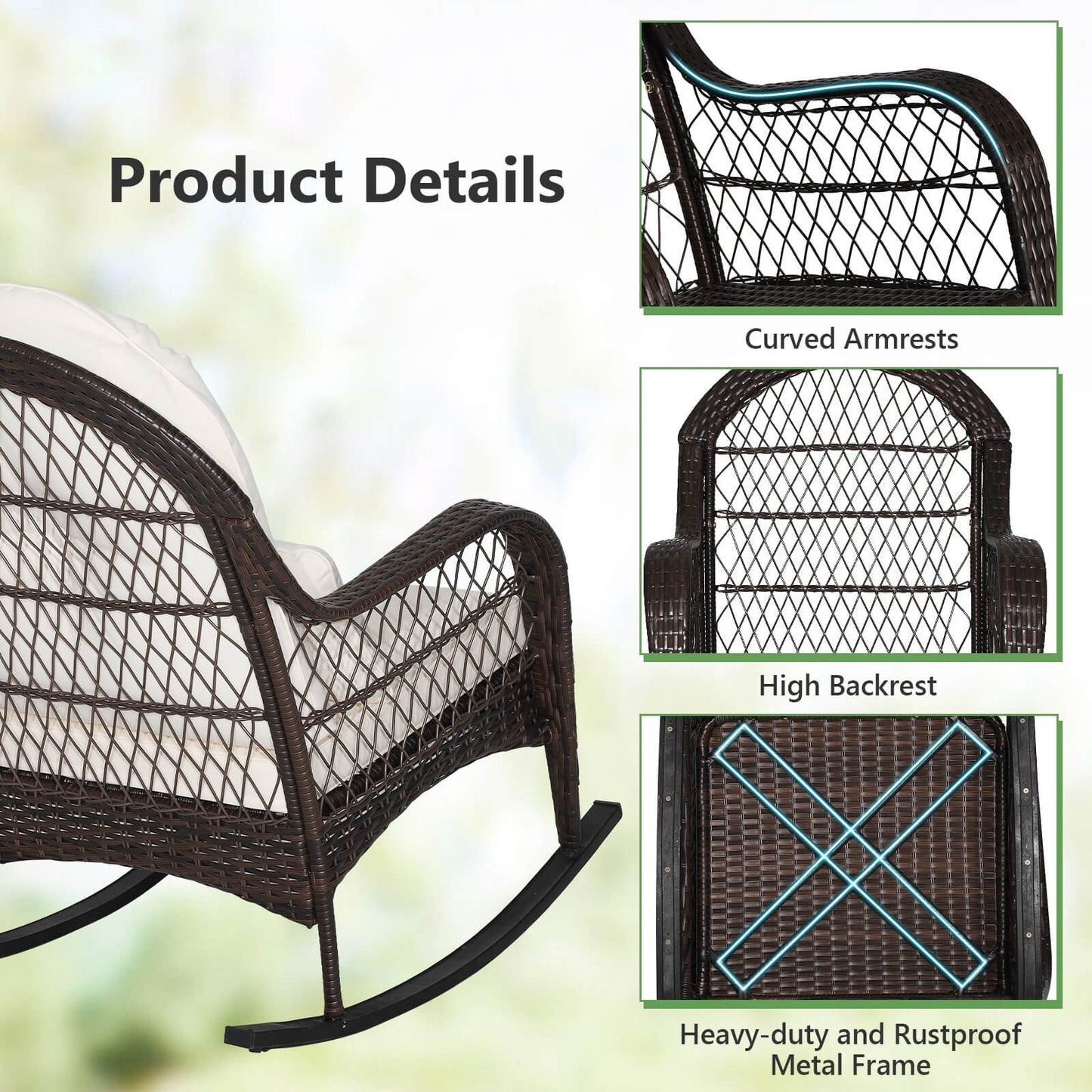 Patio Rattan Rocking Chair with Seat Back Cushions and Waist Pillow, White Patio Rocking Chairs & Gliders   at Gallery Canada