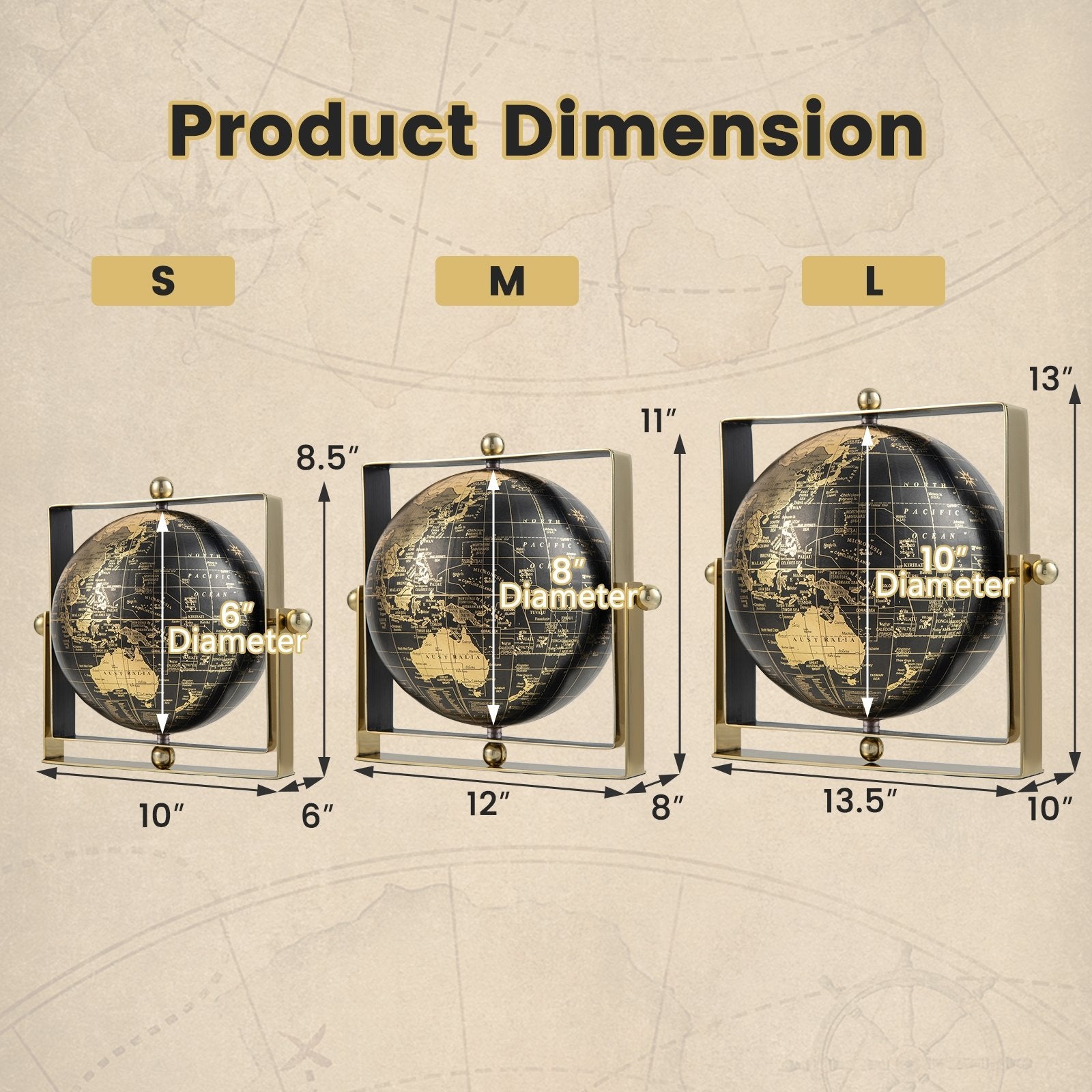 Geographic 6/ 8/ 10 Inch World Globe with Clear Printing and Square Frame-S, Black Learning Toys   at Gallery Canada