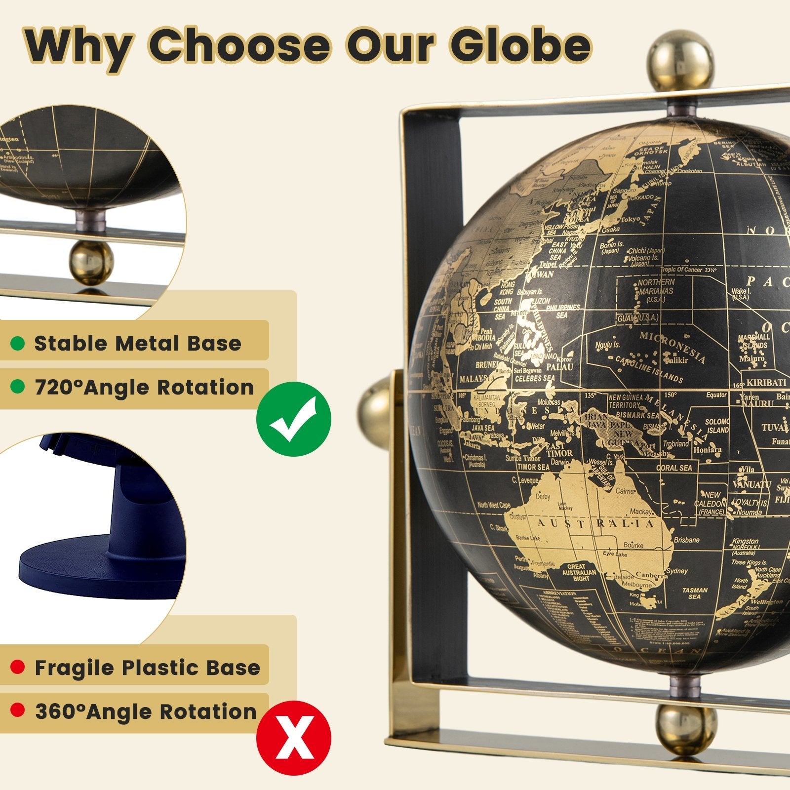 Geographic 6/ 8/ 10 Inch World Globe with Clear Printing and Square Frame-S, Black Learning Toys   at Gallery Canada