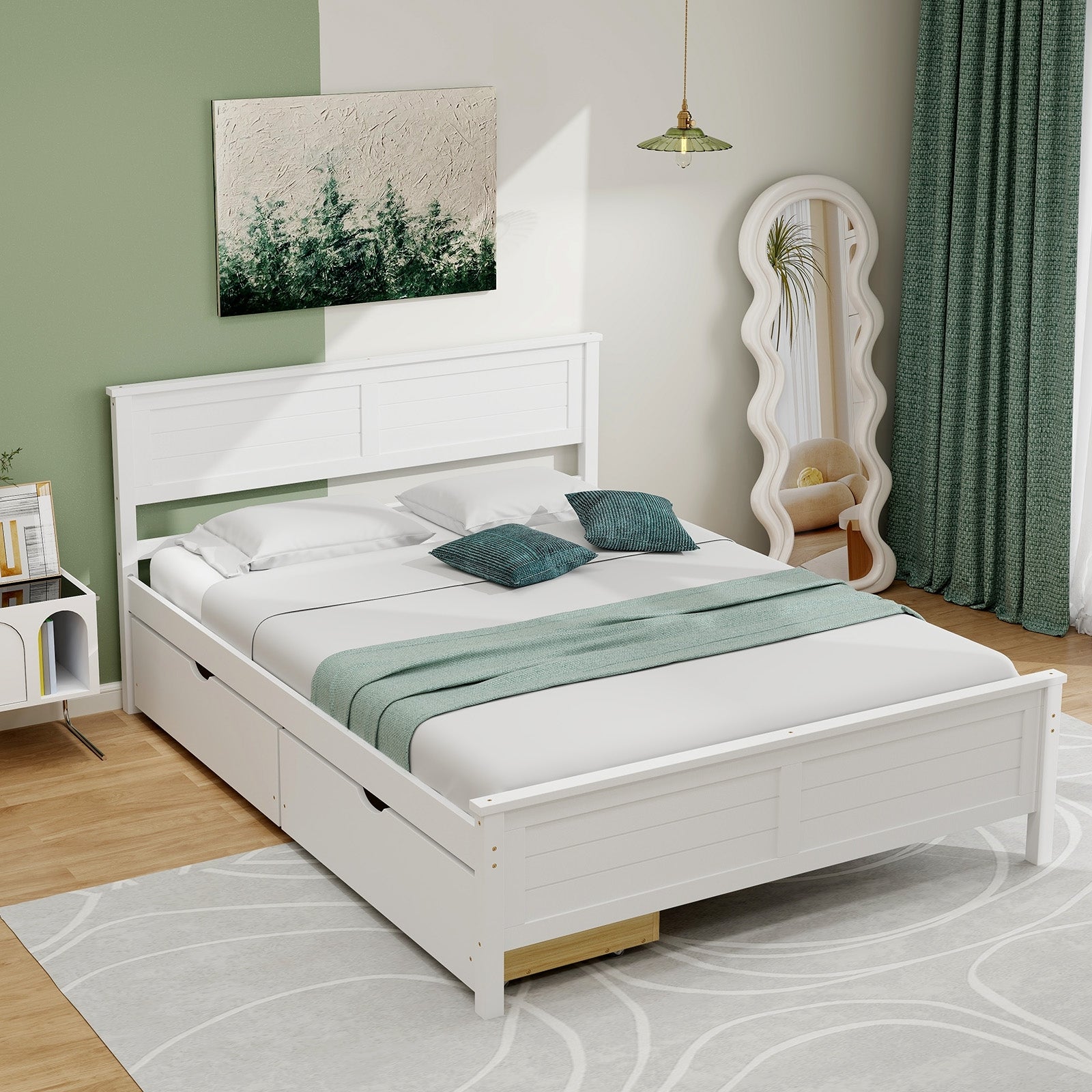 Full Size Bed Frame with Storage Drawers and Solid Wood Headboard, White Simple Bed Frame   at Gallery Canada