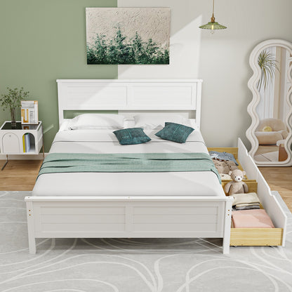 Full Size Bed Frame with Storage Drawers and Solid Wood Headboard, White Simple Bed Frame   at Gallery Canada