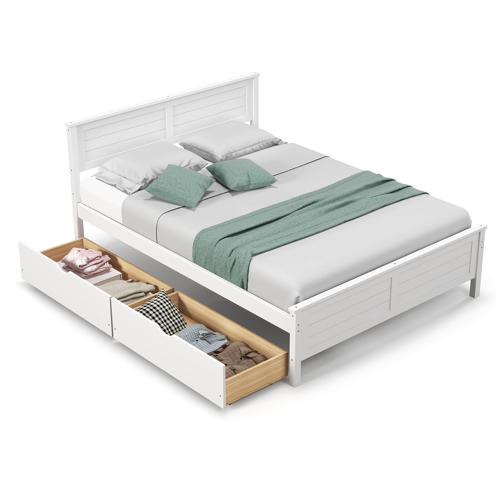 Full Size Bed Frame with Storage Drawers and Solid Wood Headboard, White Simple Bed Frame White  at Gallery Canada